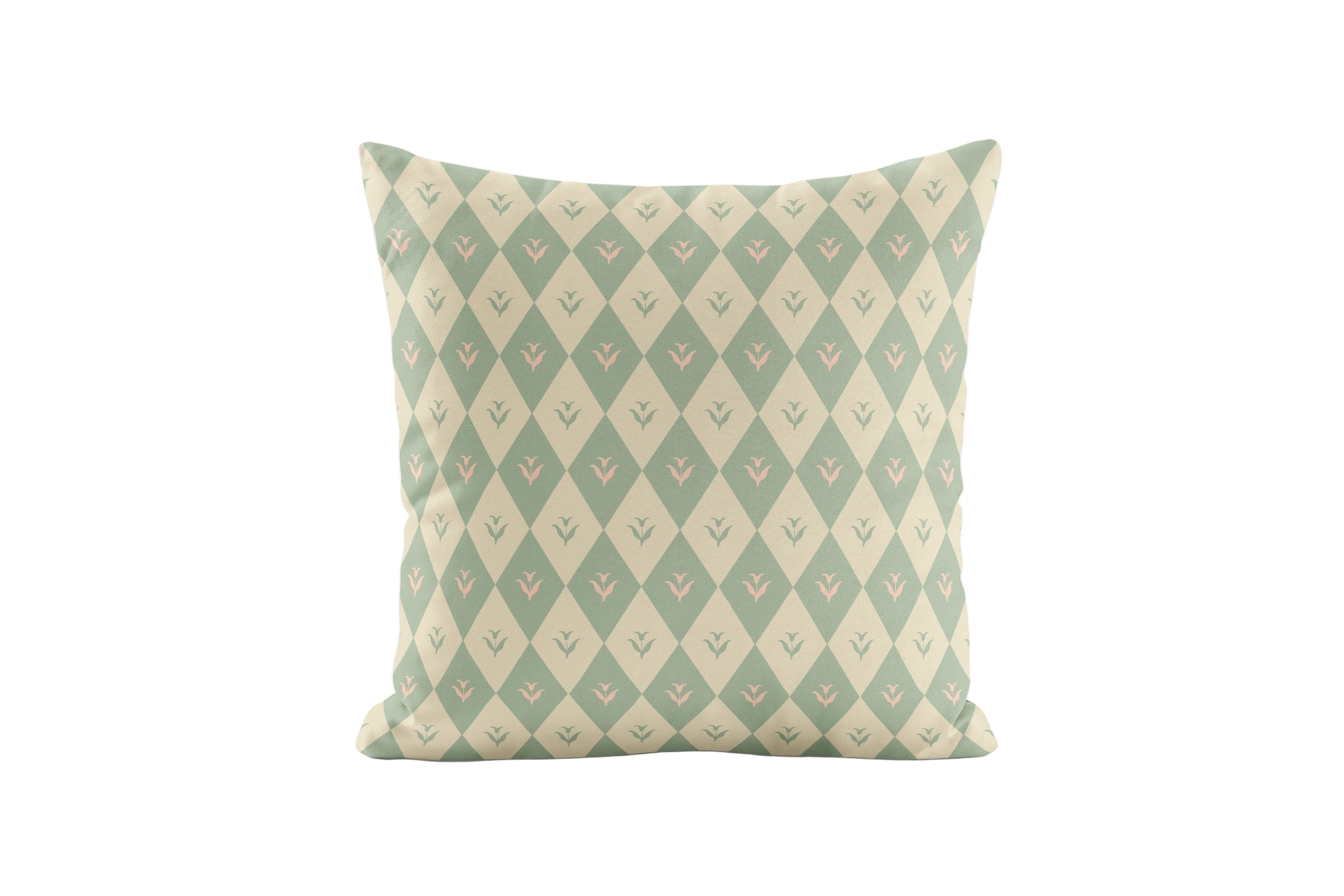 Decorative pillow with a sage and ivory geometric pattern on a white background