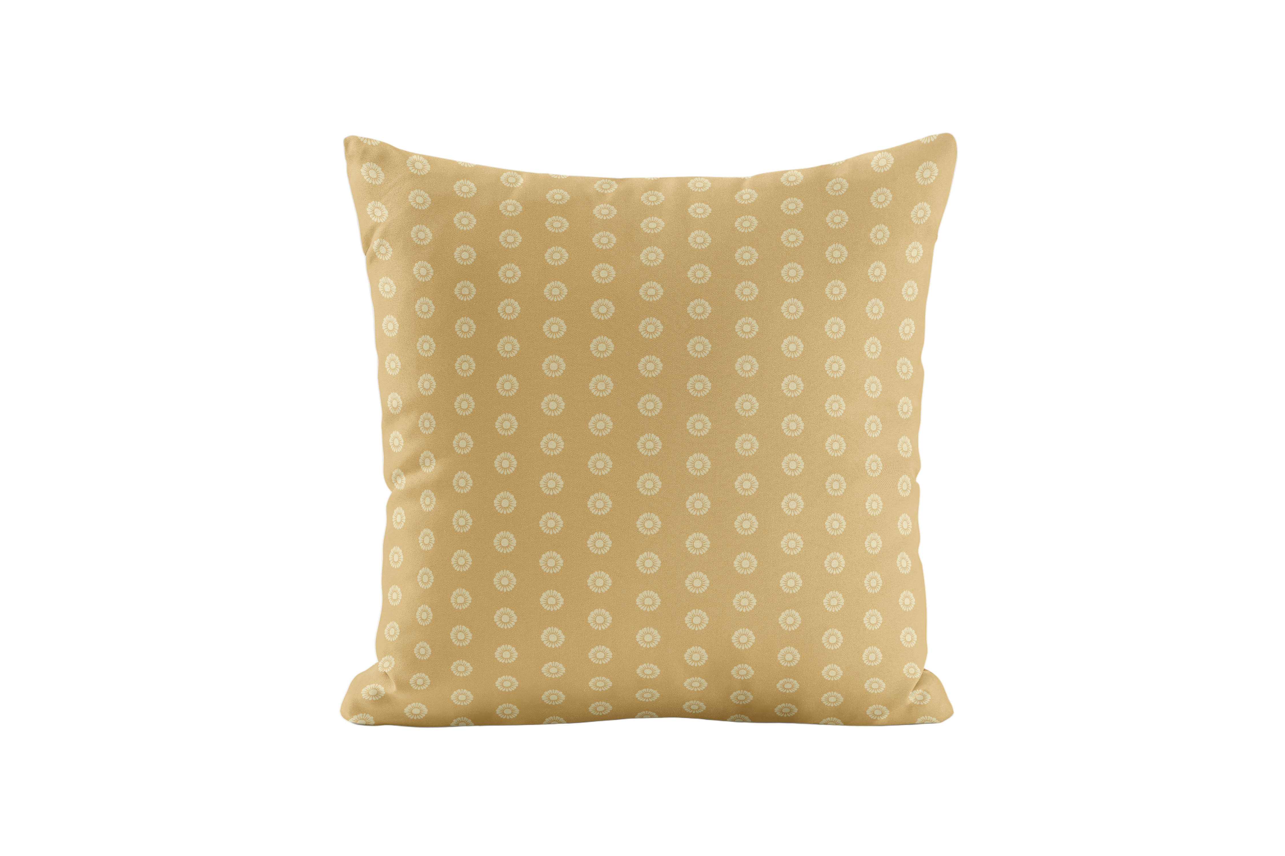 Yellow pillow with a subtle floral pattern on a white background