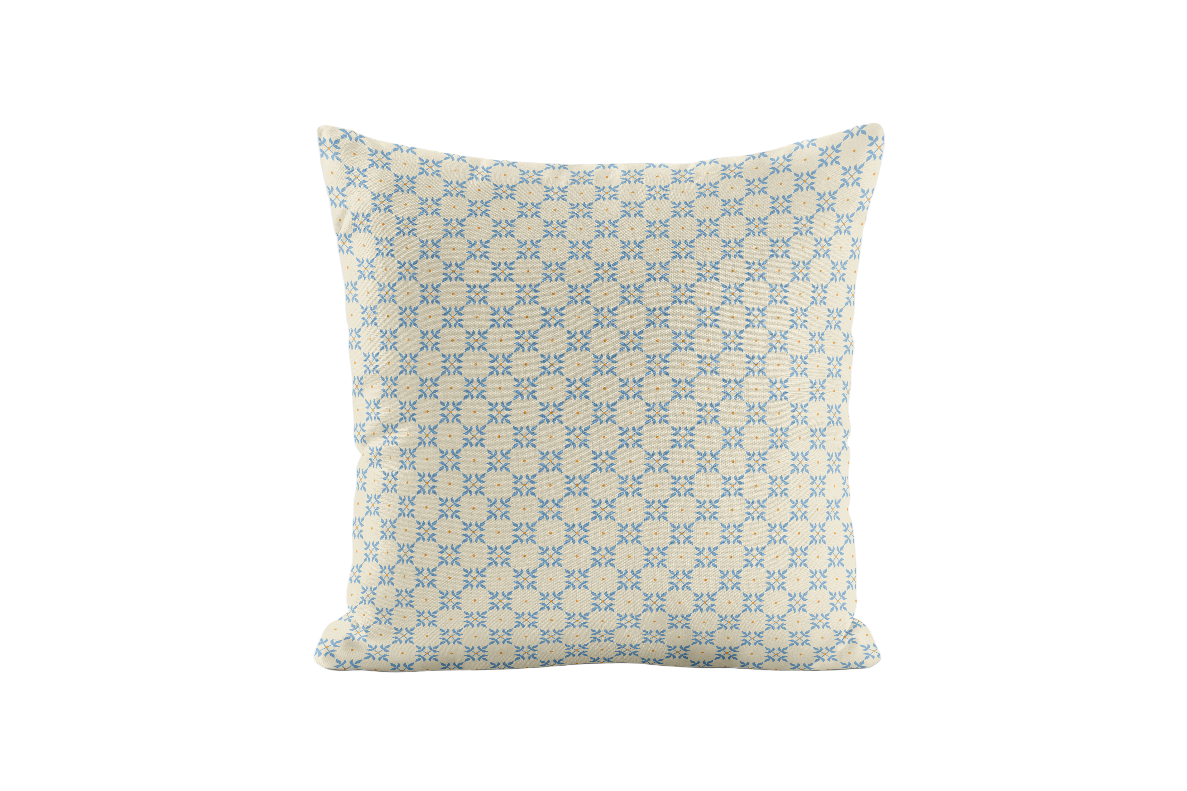 Decorative pillow with a blue and beige geometric pattern on a white background