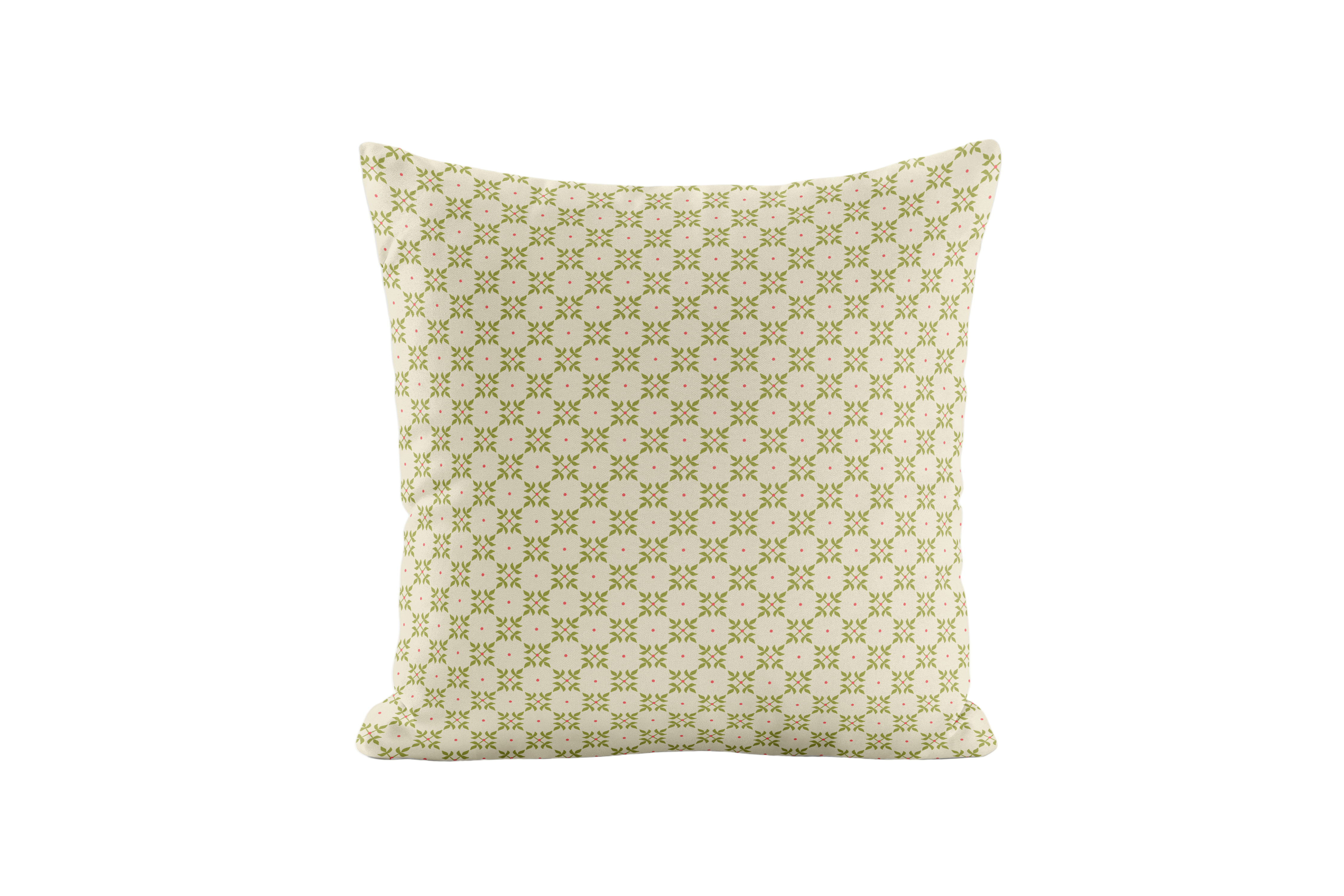 Decorative pillow with a green geometric pattern on a white background