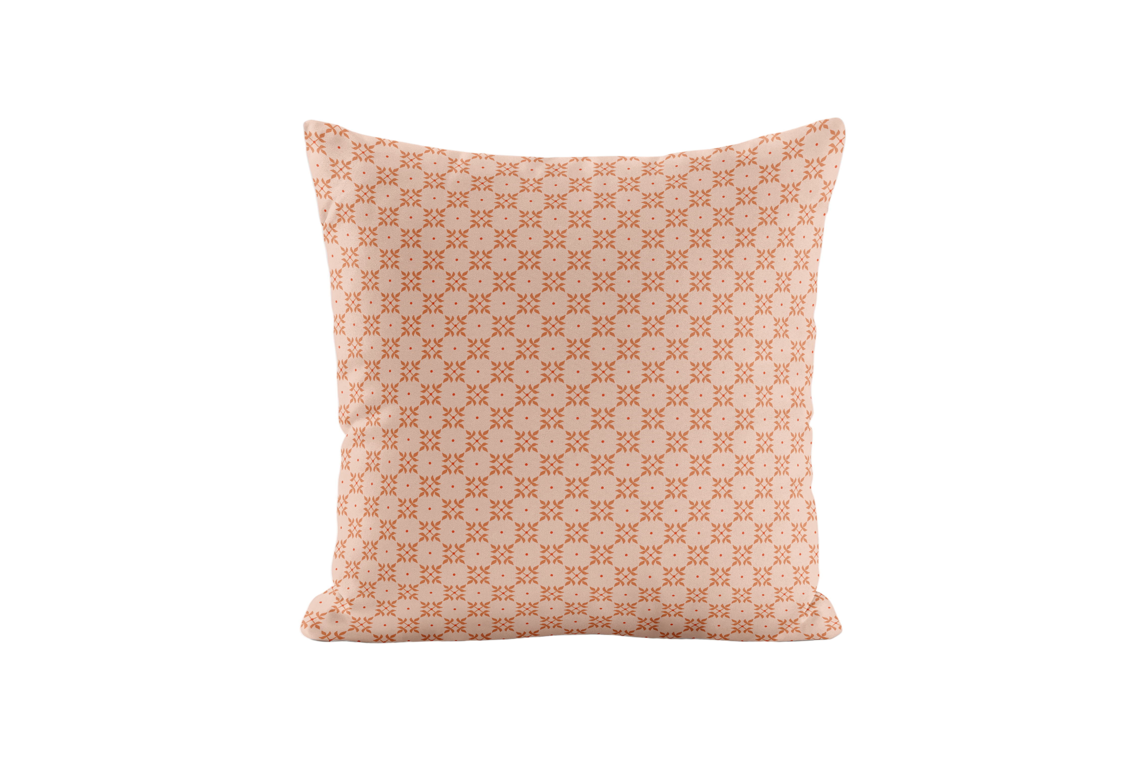 Geometric, peach patterned pillow on a white background