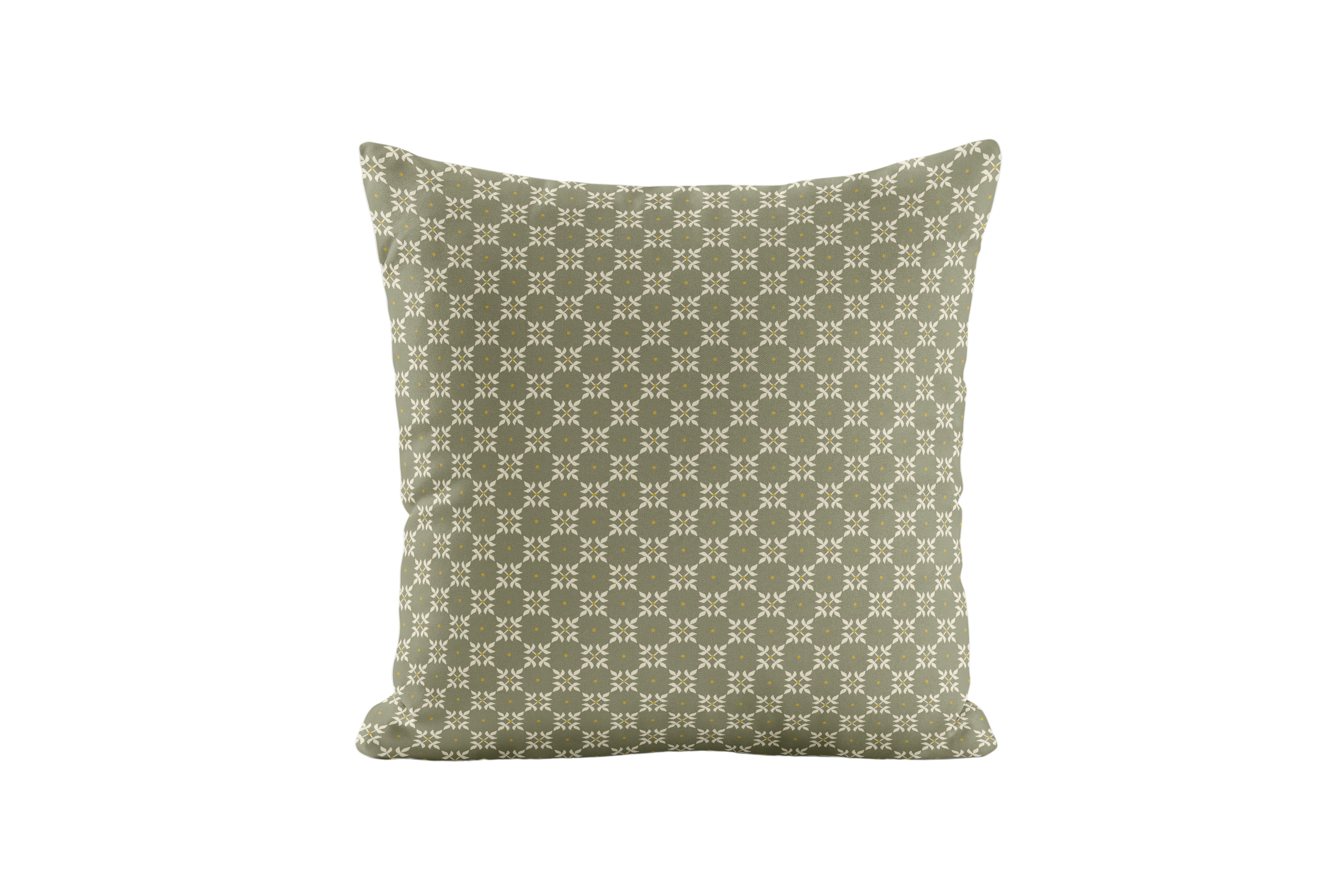 Decorative green pillow with a geometric pattern on a white background