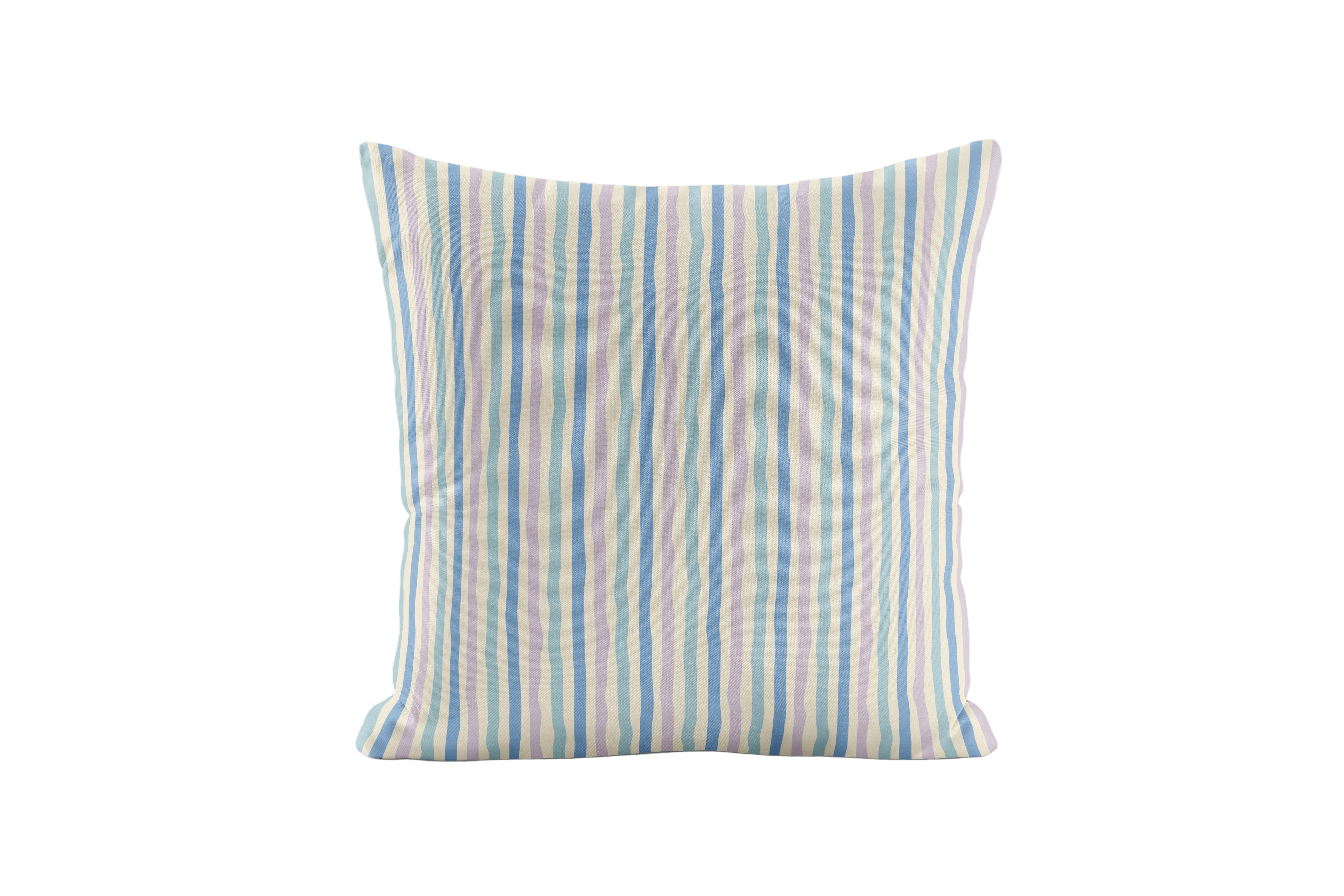 Striped pillow with blue and lavender pattern on a white background