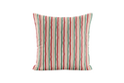 Striped pillow with red, green, and beige colors on a white background