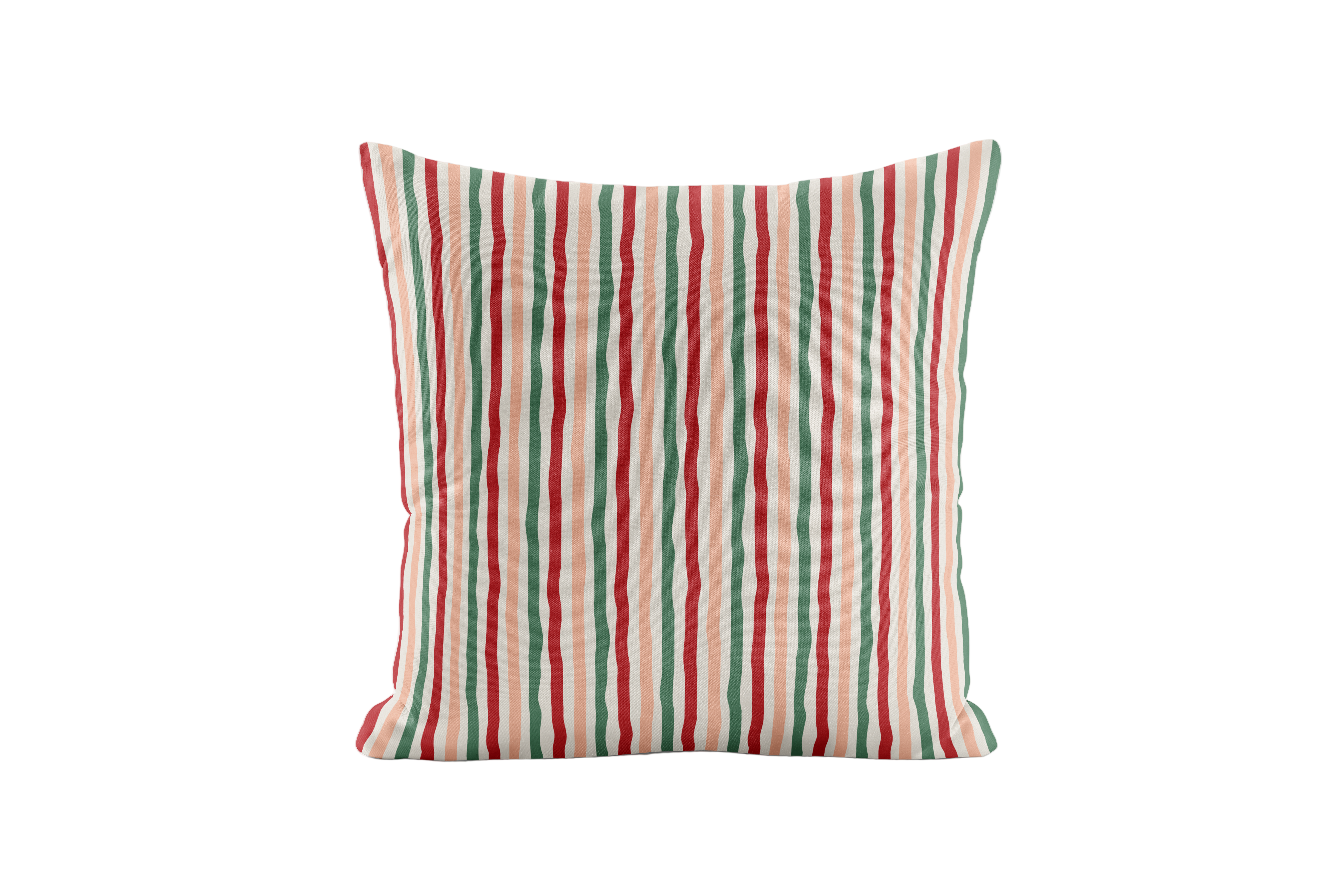 Striped pillow with red, green, and beige colors on a white background