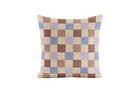 Checkered pillow with brown, blue, and beige squares on a white background