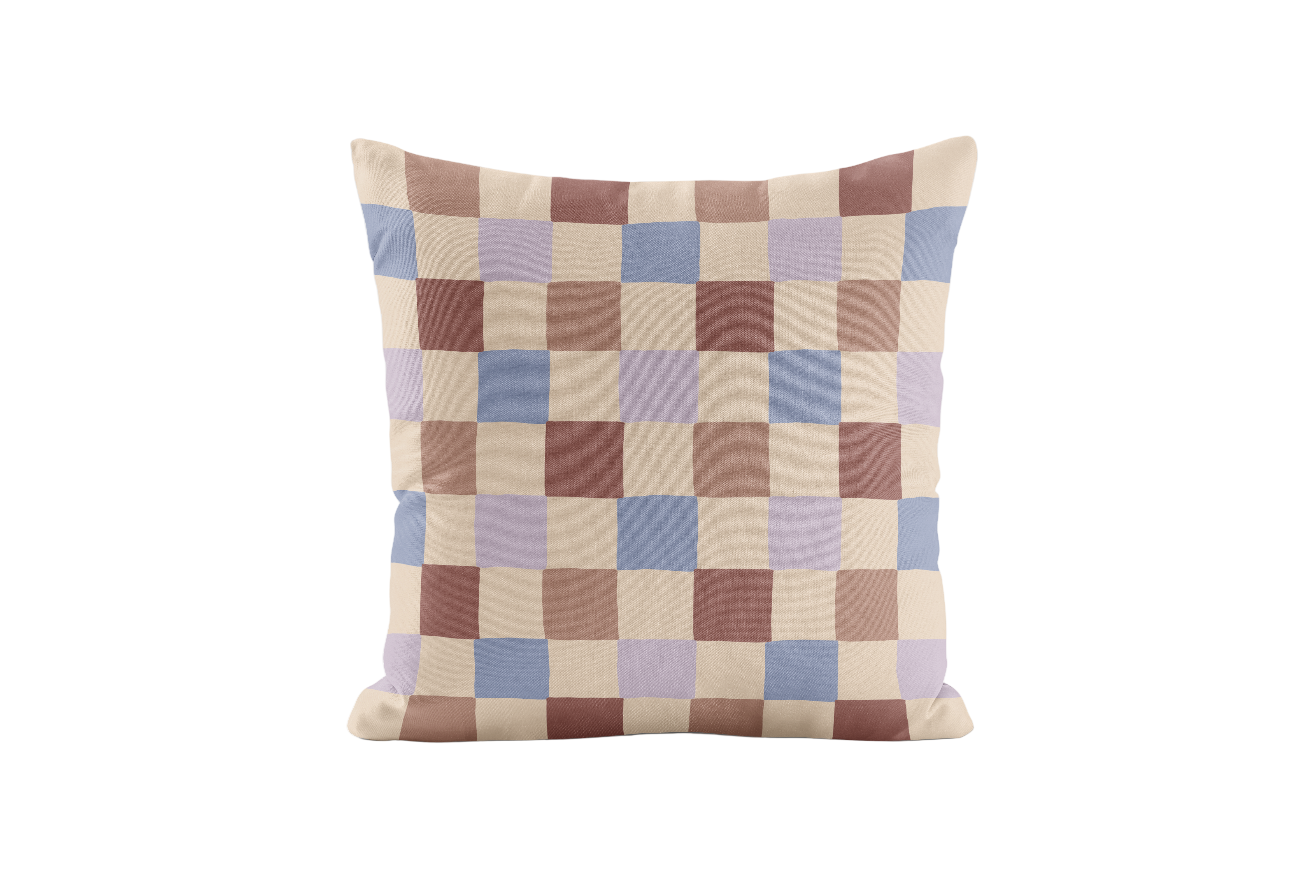 Checkered pillow with brown, blue, and beige squares on a white background