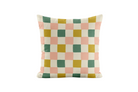 Checkered pillow with pink, green and chartreuse colors on a white background