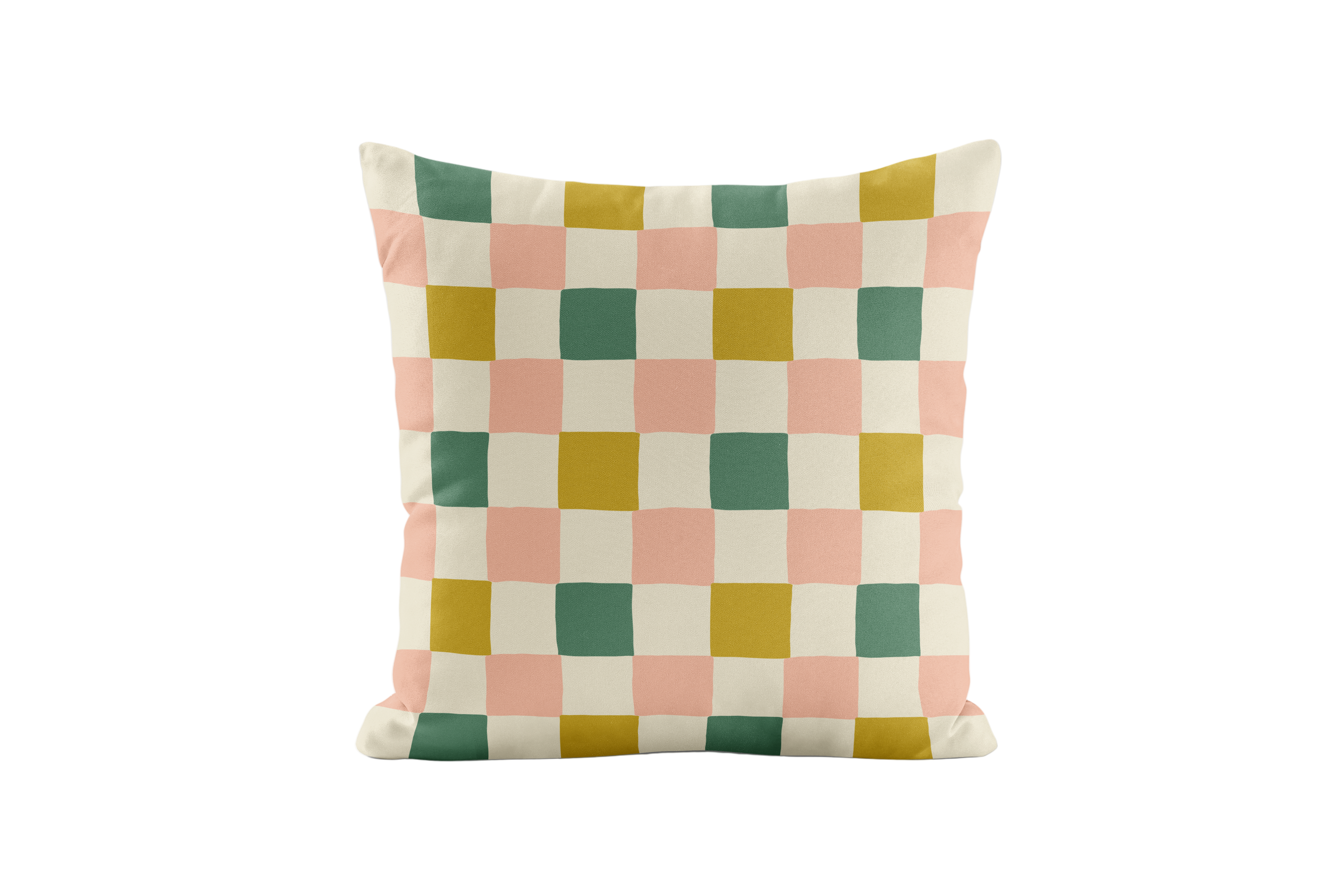 Checkered pillow with pink, green and chartreuse colors on a white background
