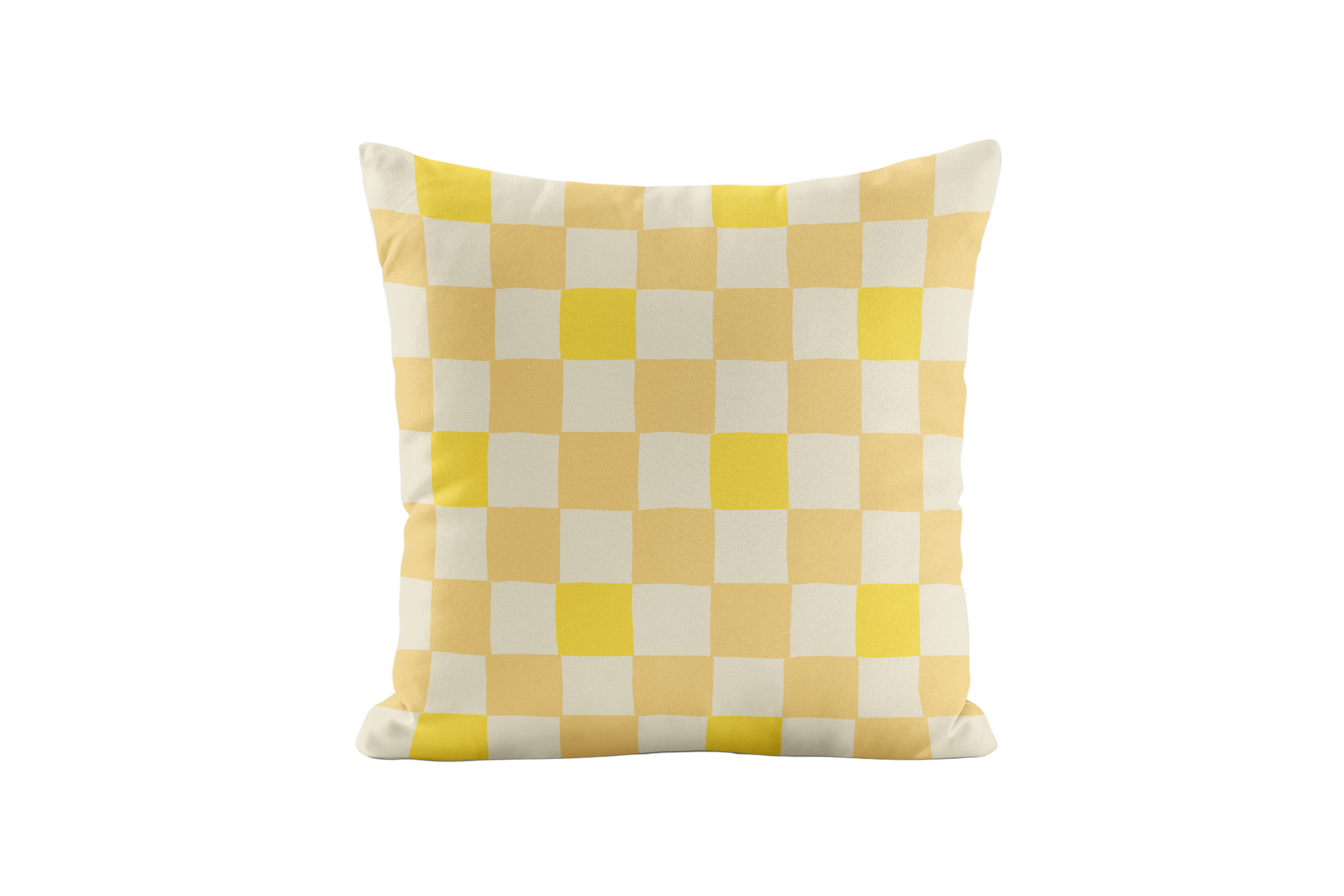 Yellow and white checkered pillow on a white background