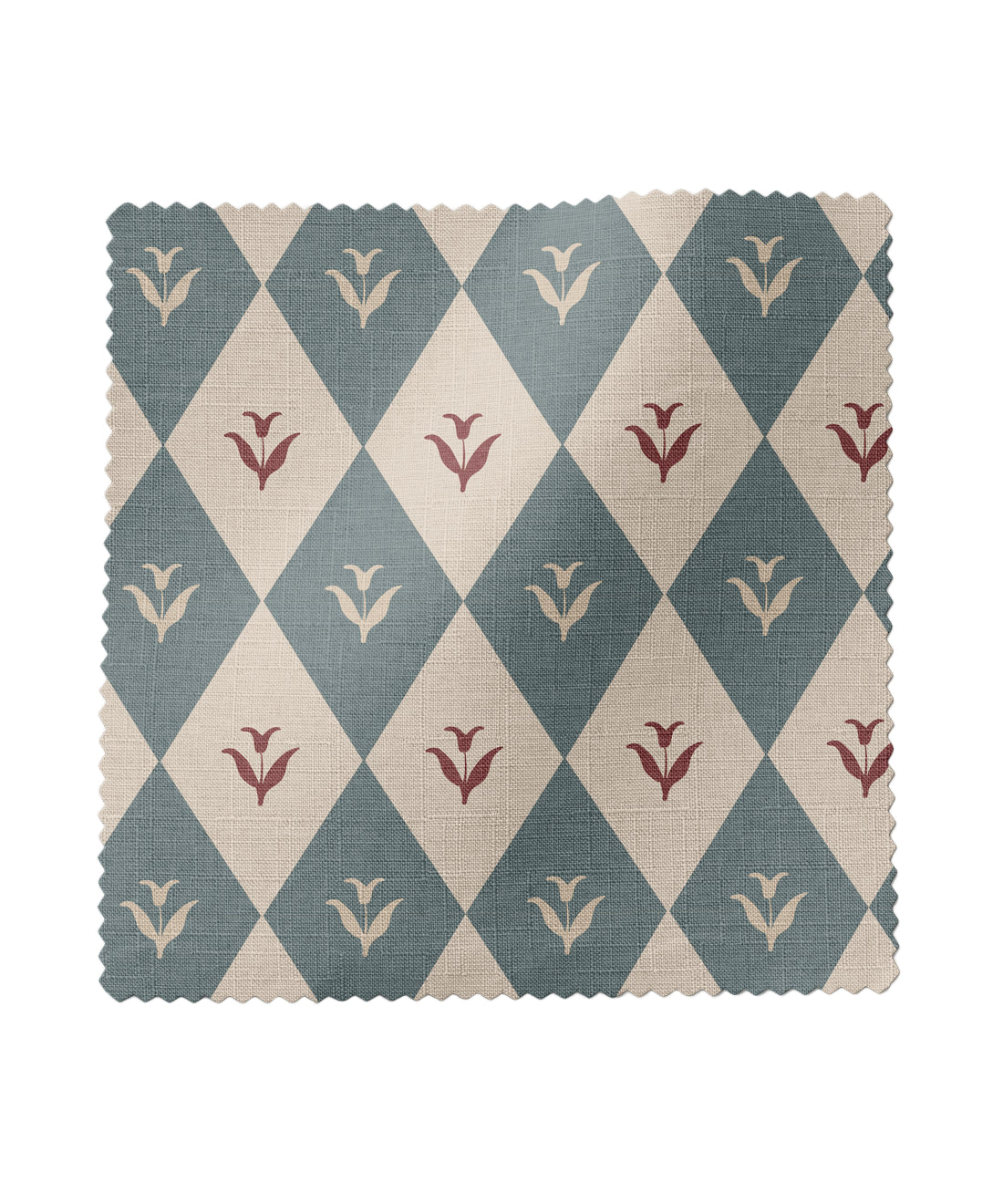 Fabric swatch with blue and brown diamond pattern