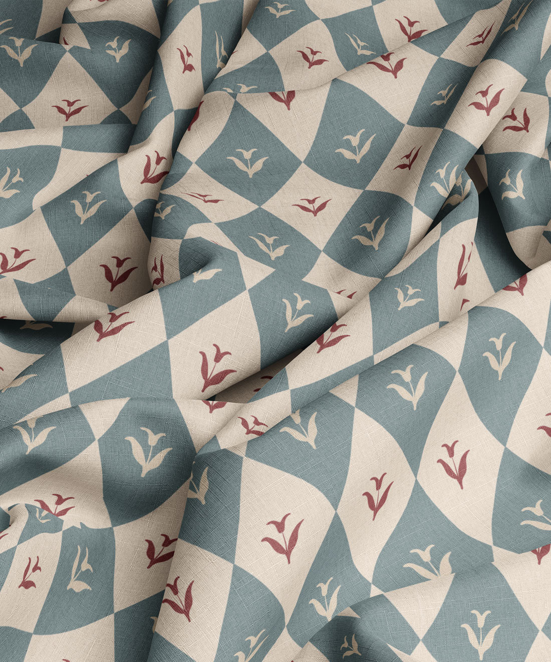 Fabric with a geometric pattern featuring blue and red colors