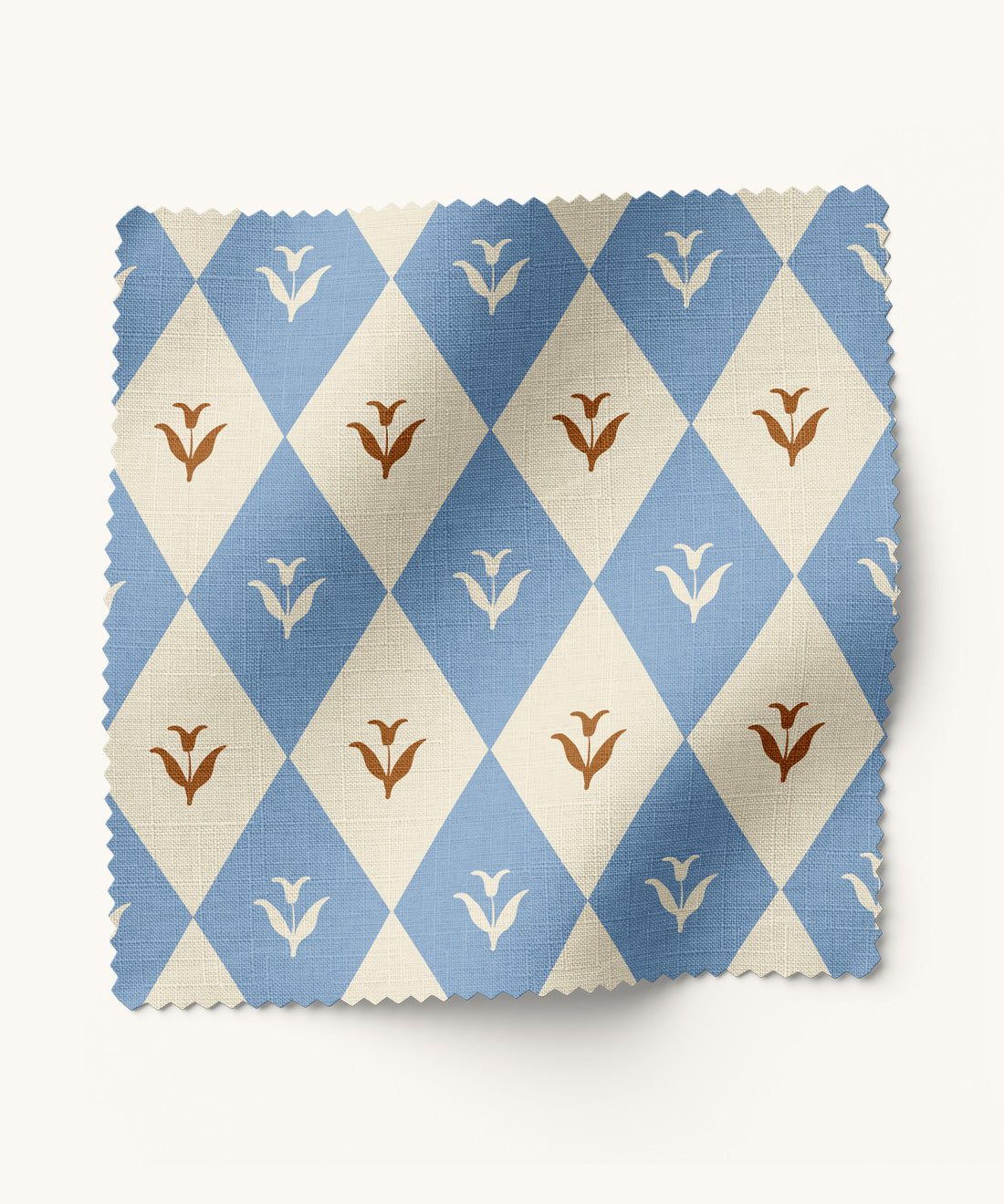 Floral, diamond patterned fabric in blue and brown
