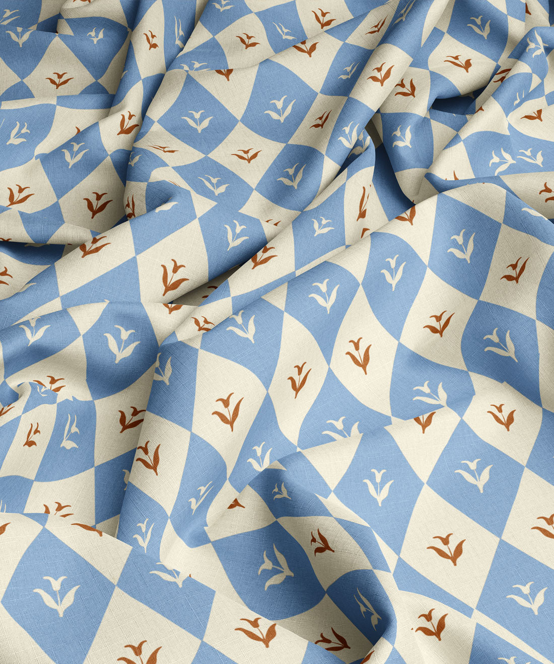 Fabric with a diamond pattern in blue and brown