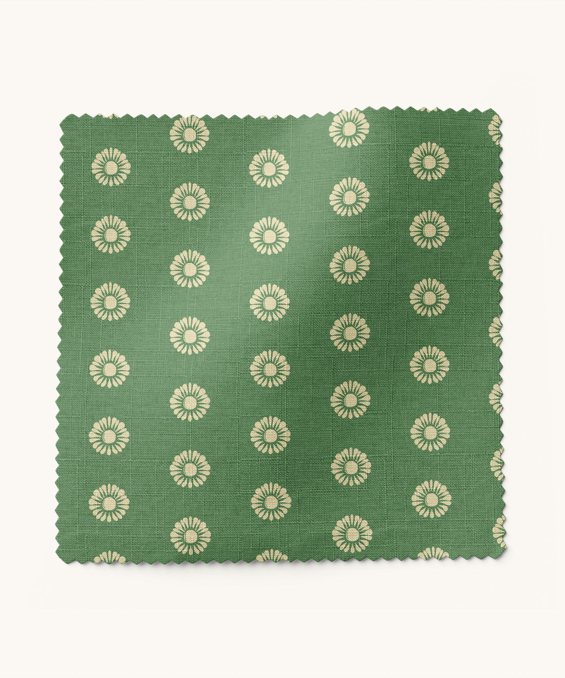 Green fabric swatch with beige floral pattern