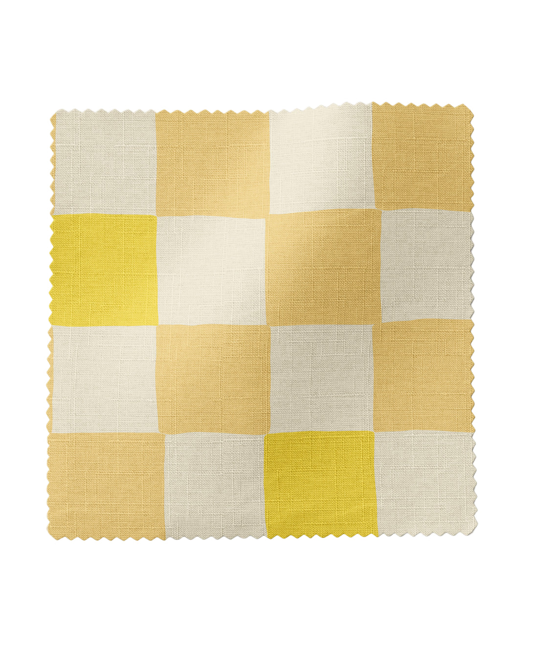 Checkered fabric swatch with yellow and white squares on a white background