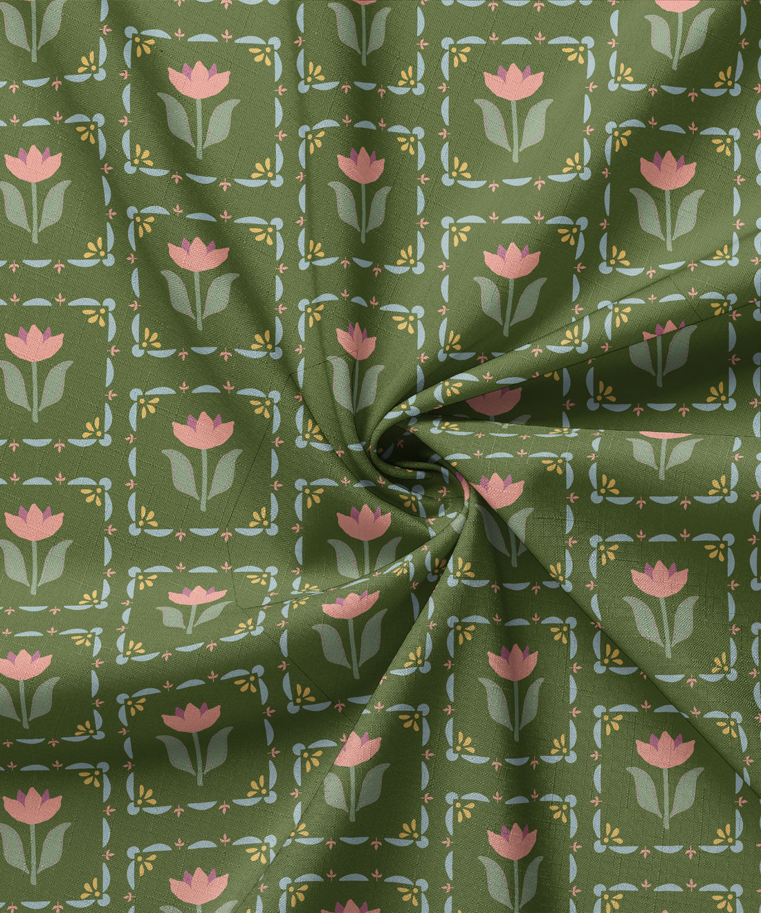 Green fabric with pink floral pattern