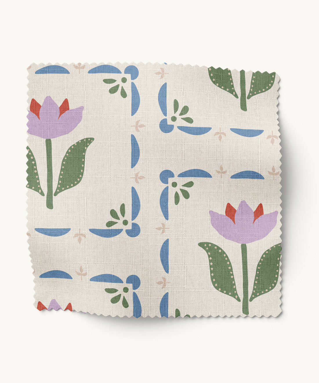 Fabric sample with floral pattern in lavender and green