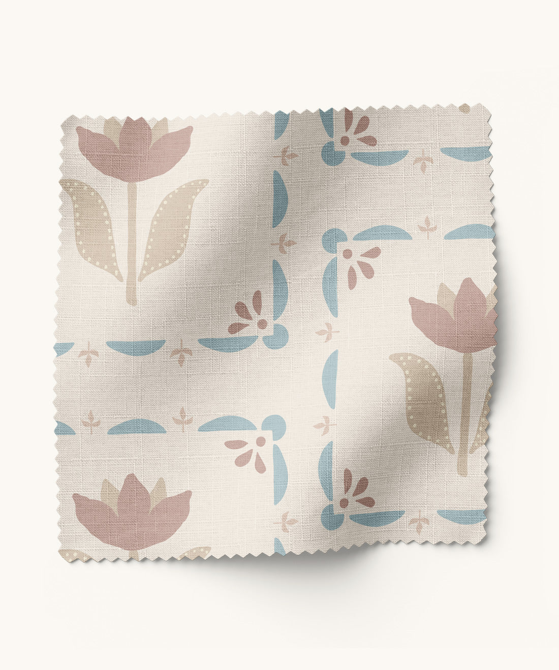 blue and taupe fabric with floral pattern on a white background