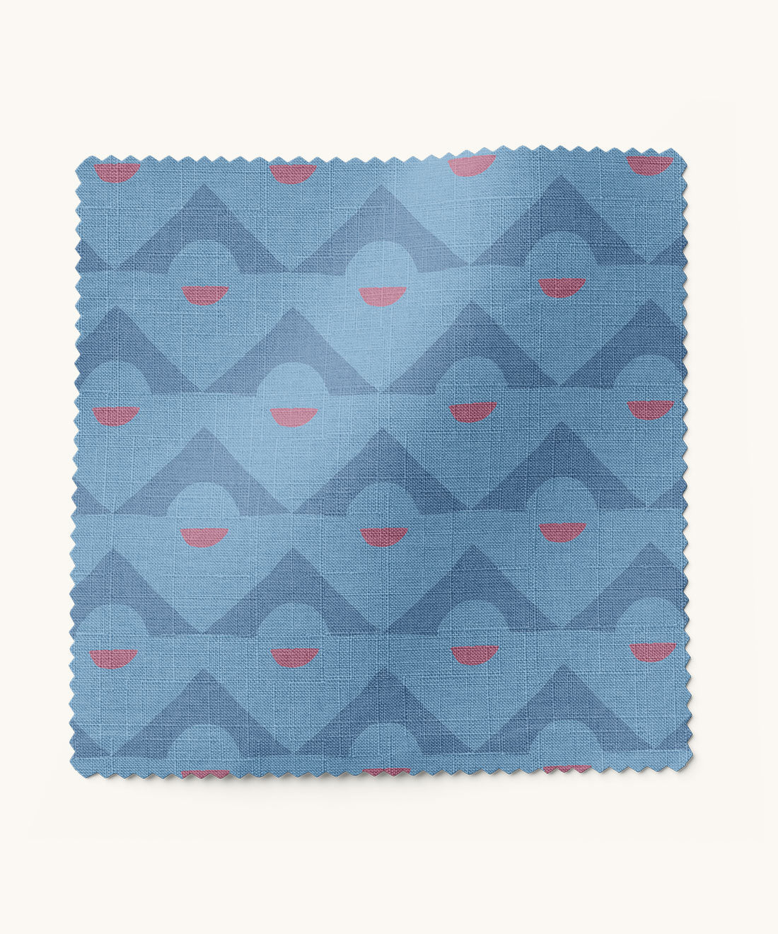 Blue fabric swatch with geometric pattern on a white background