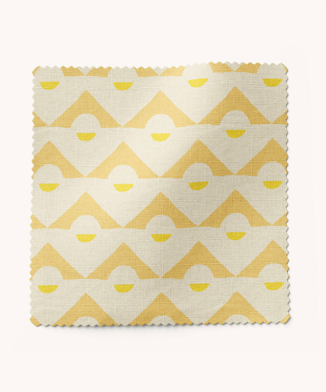 Fabric swatch with yellow and white geometric pattern on a white background