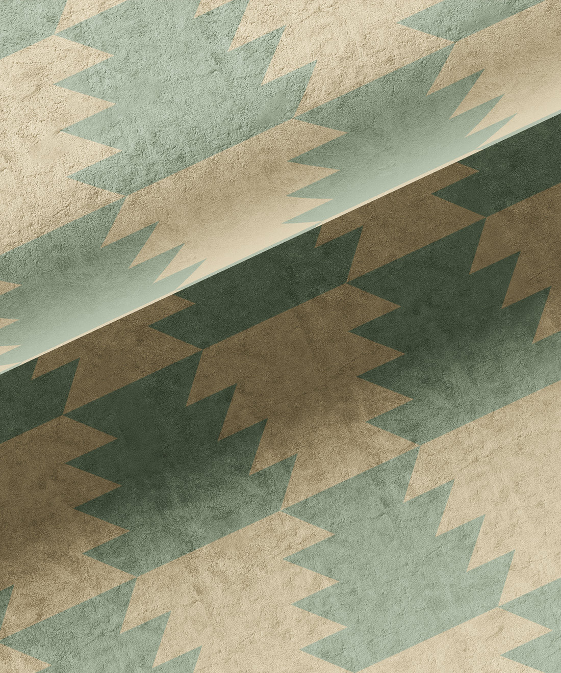 Patterned fabric with geometric design in green and beige tones