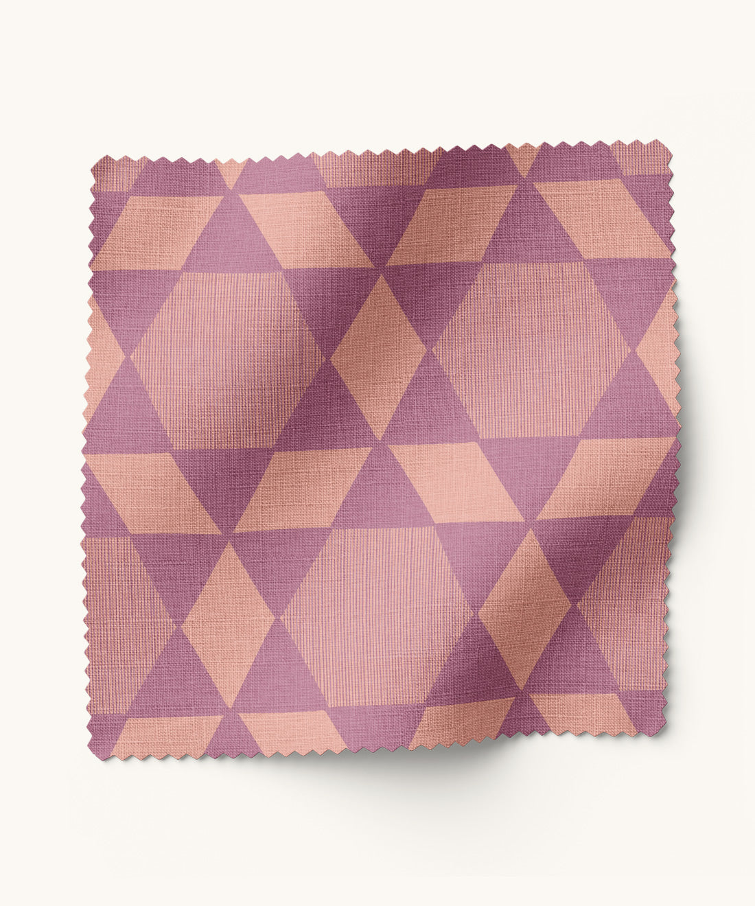 Fabric swatch with magenta geometric pattern on a white background