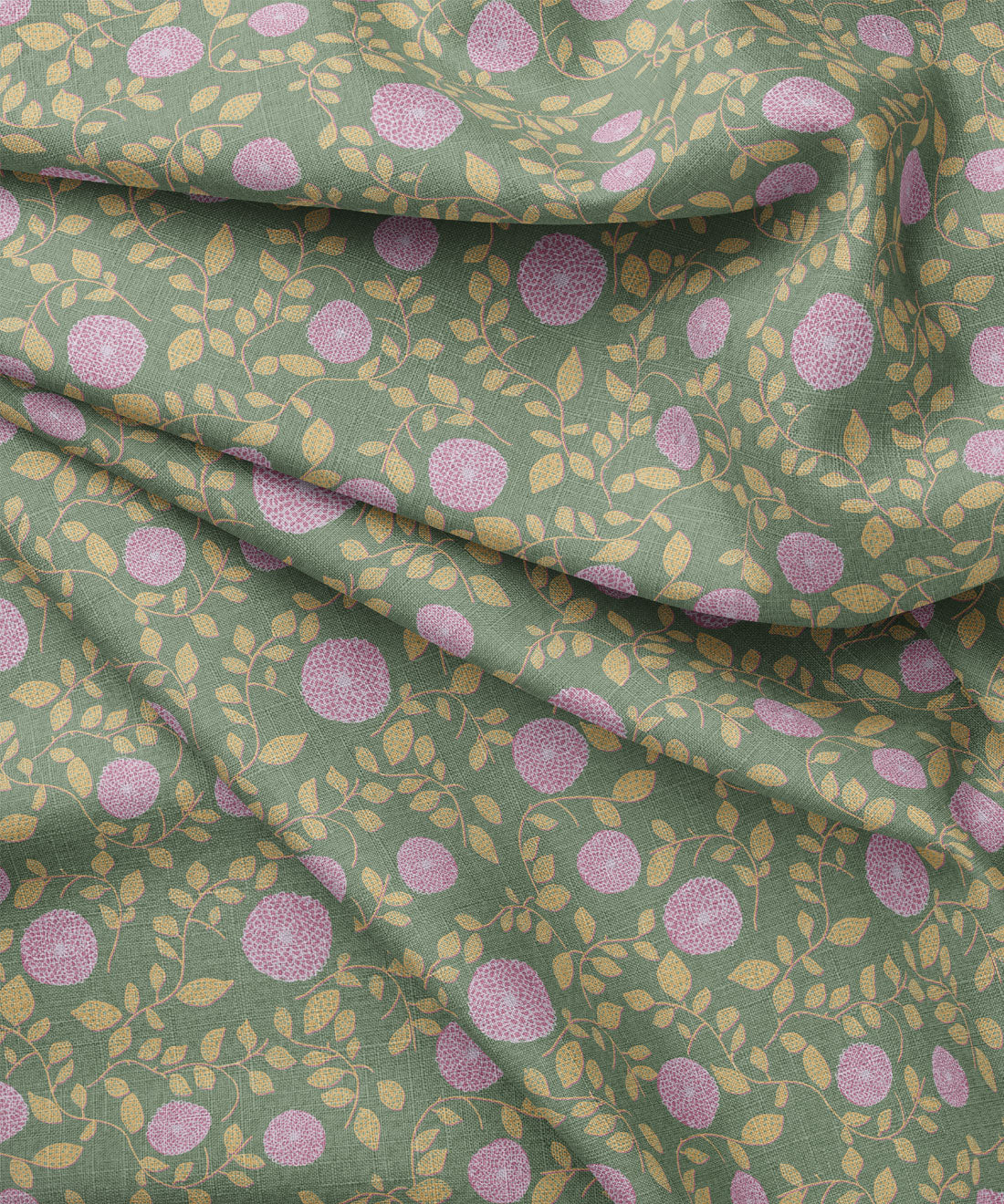 Floral patterned fabric with lavender flowers and green leaves on a green background