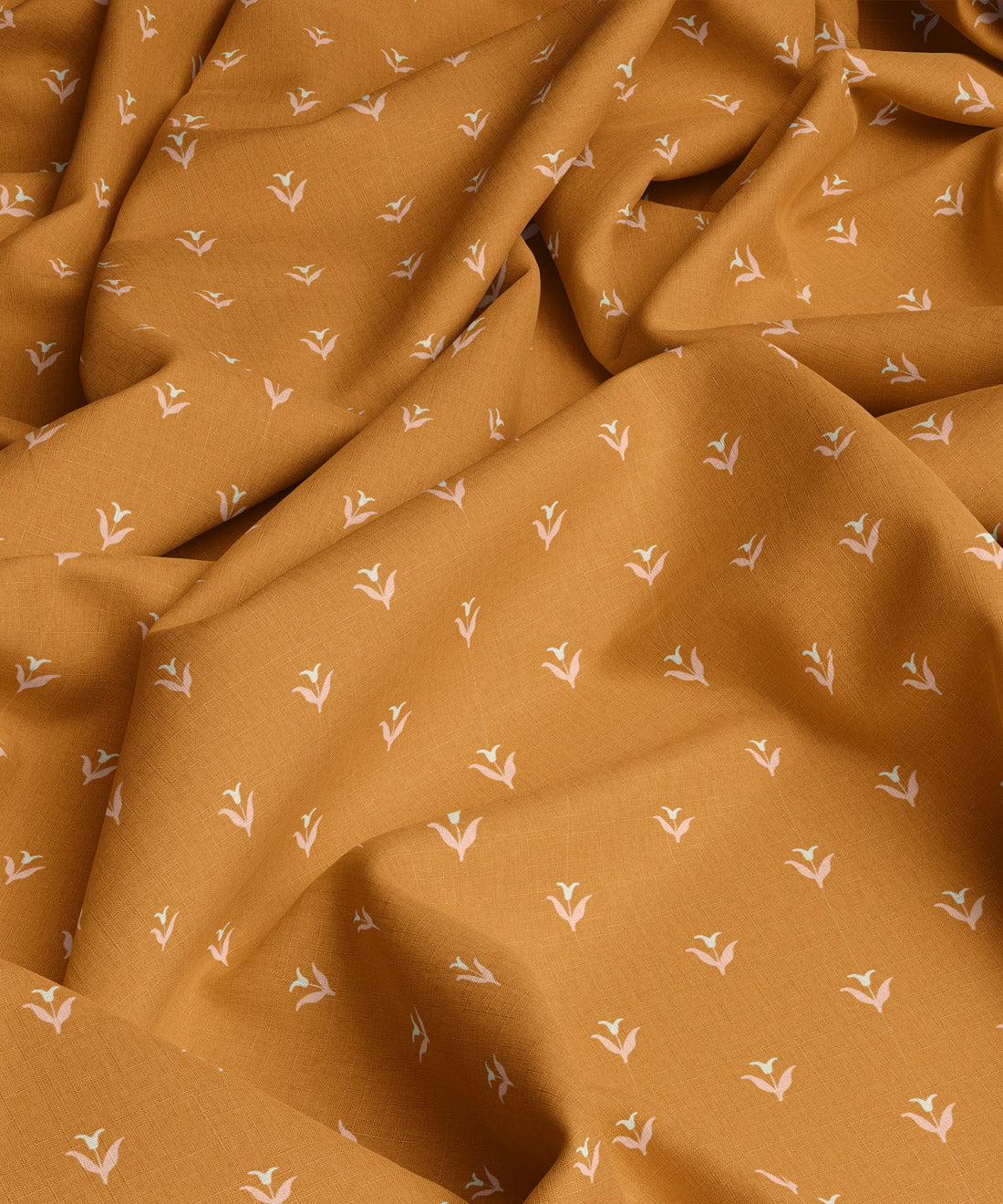 Orange fabric with small white floral patterns