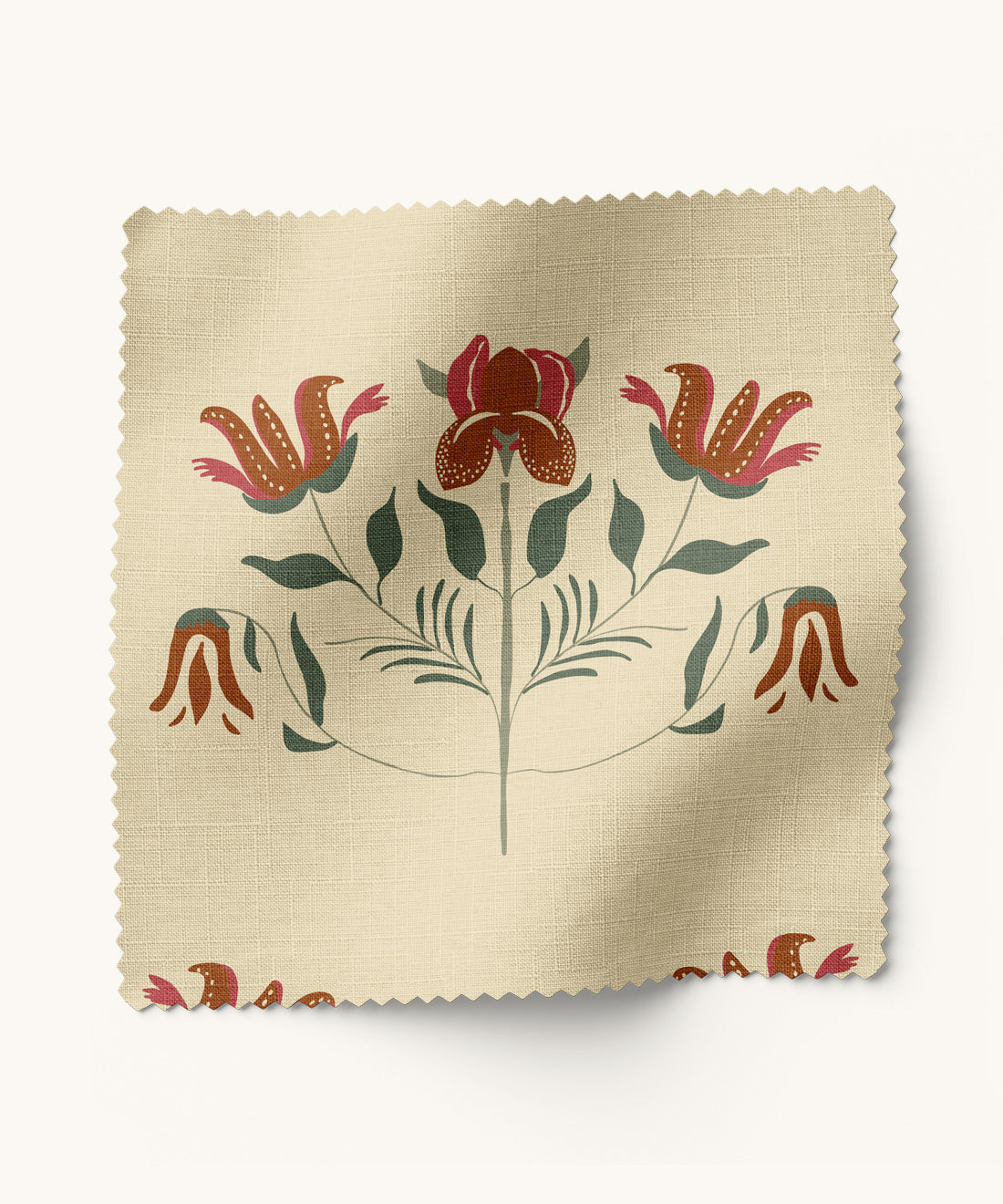 Floral patterned fabric in burnt orange and magenta by Gray Benko Home