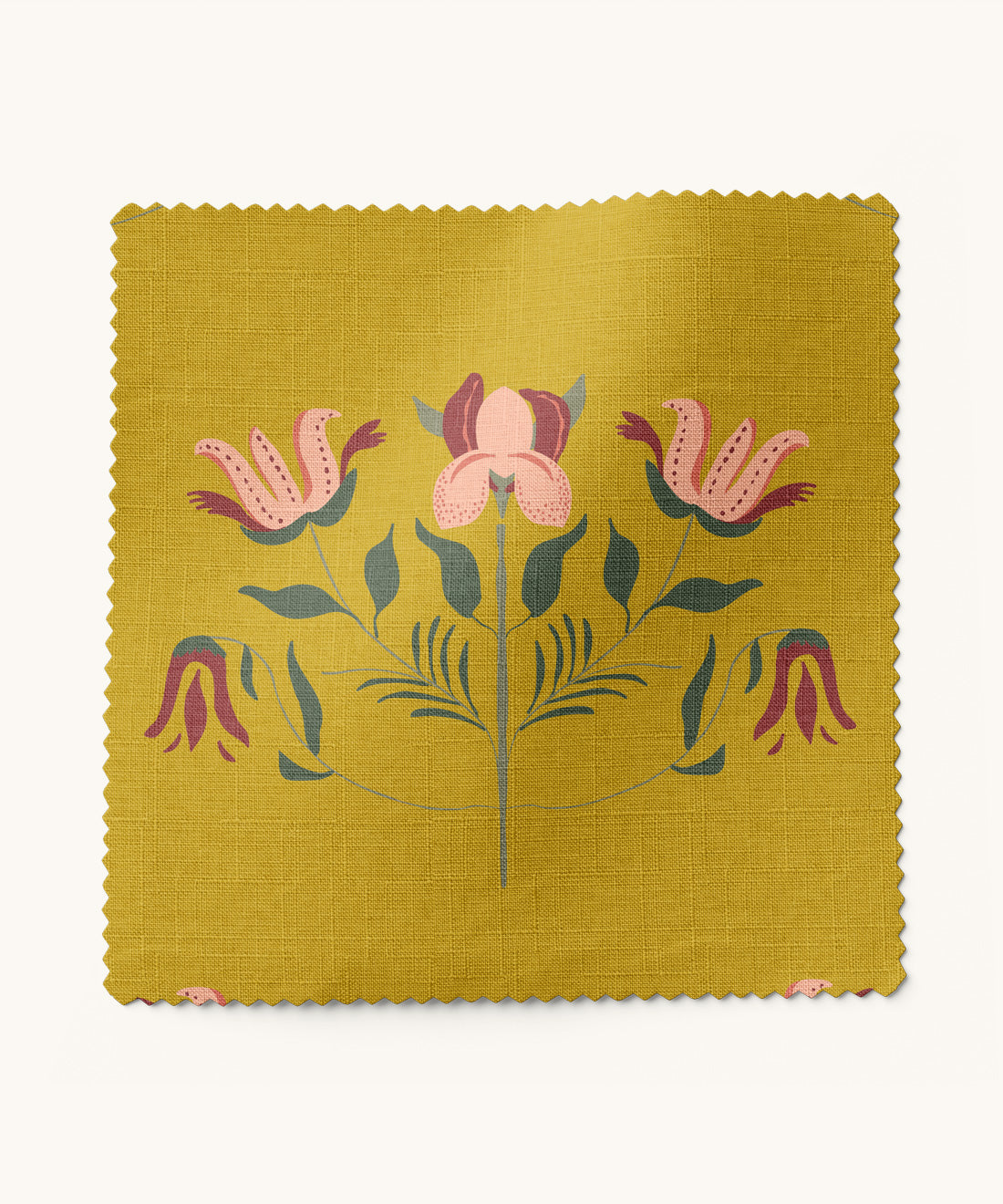 Fabric with floral pattern on a mustard yellow background by Gray Benko Home