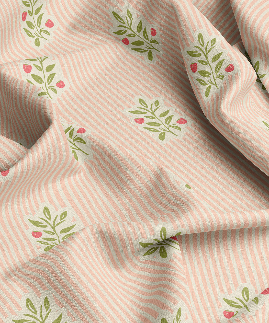 Fabric with pink stripes and green leaf patterns 