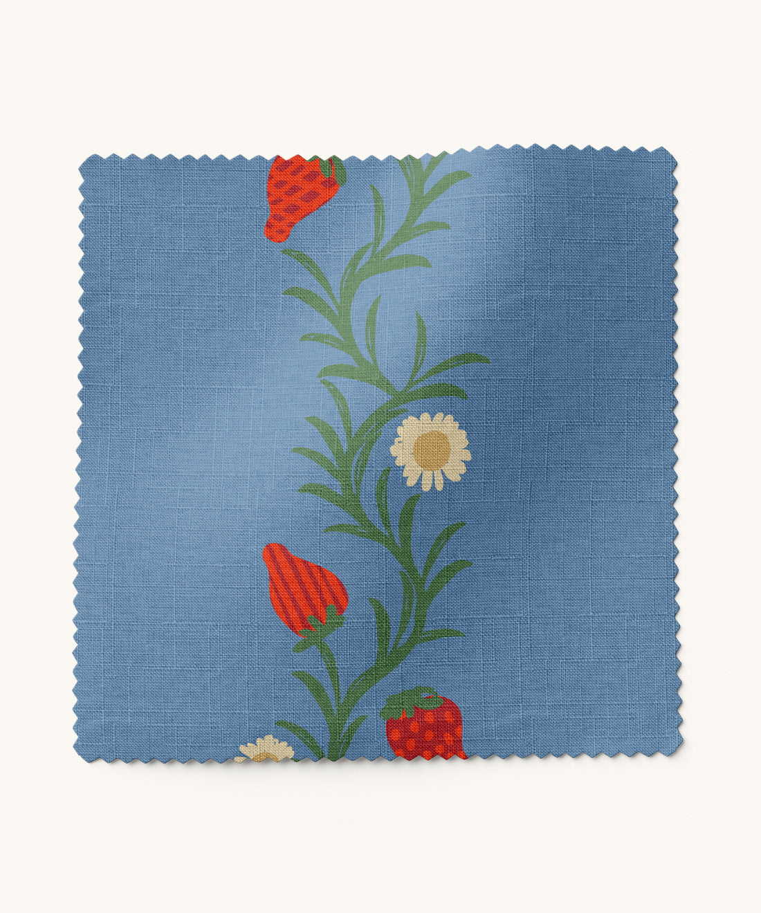 fabric sample with a strawberry and floral design on a blue background