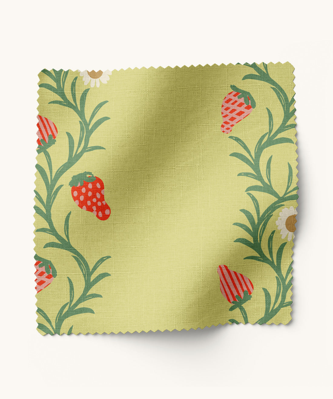Strawberry patterned fabric in chartreuse and red.