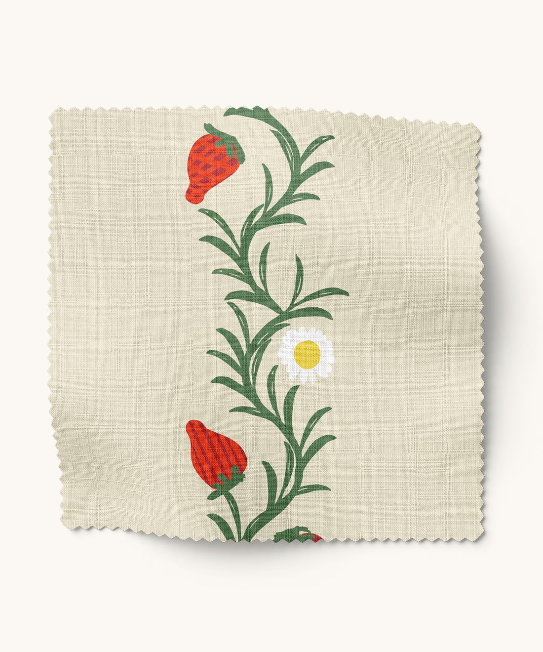 Fabric swatch with strawberry and floral design on a beige background