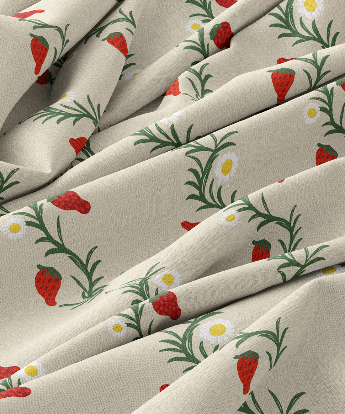 Fabric with strawberry and daisy pattern on a beige background