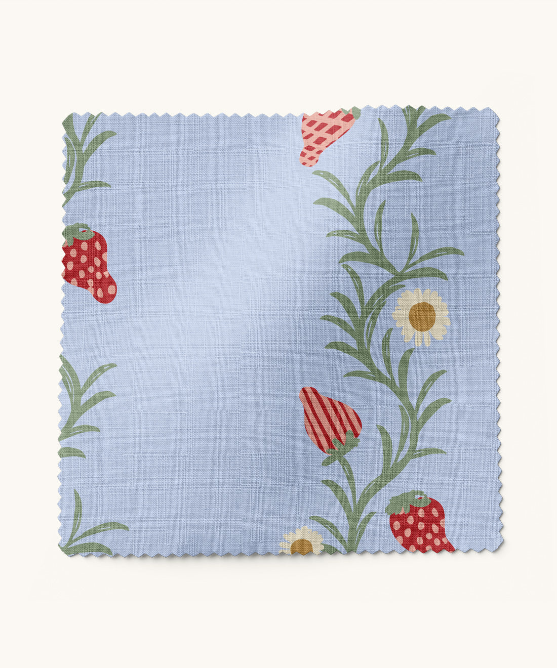 Strawberry patterned fabric in periwinkle and red