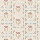 A wallpaper with a floral pattern in taupe and blue colors on a light background.
