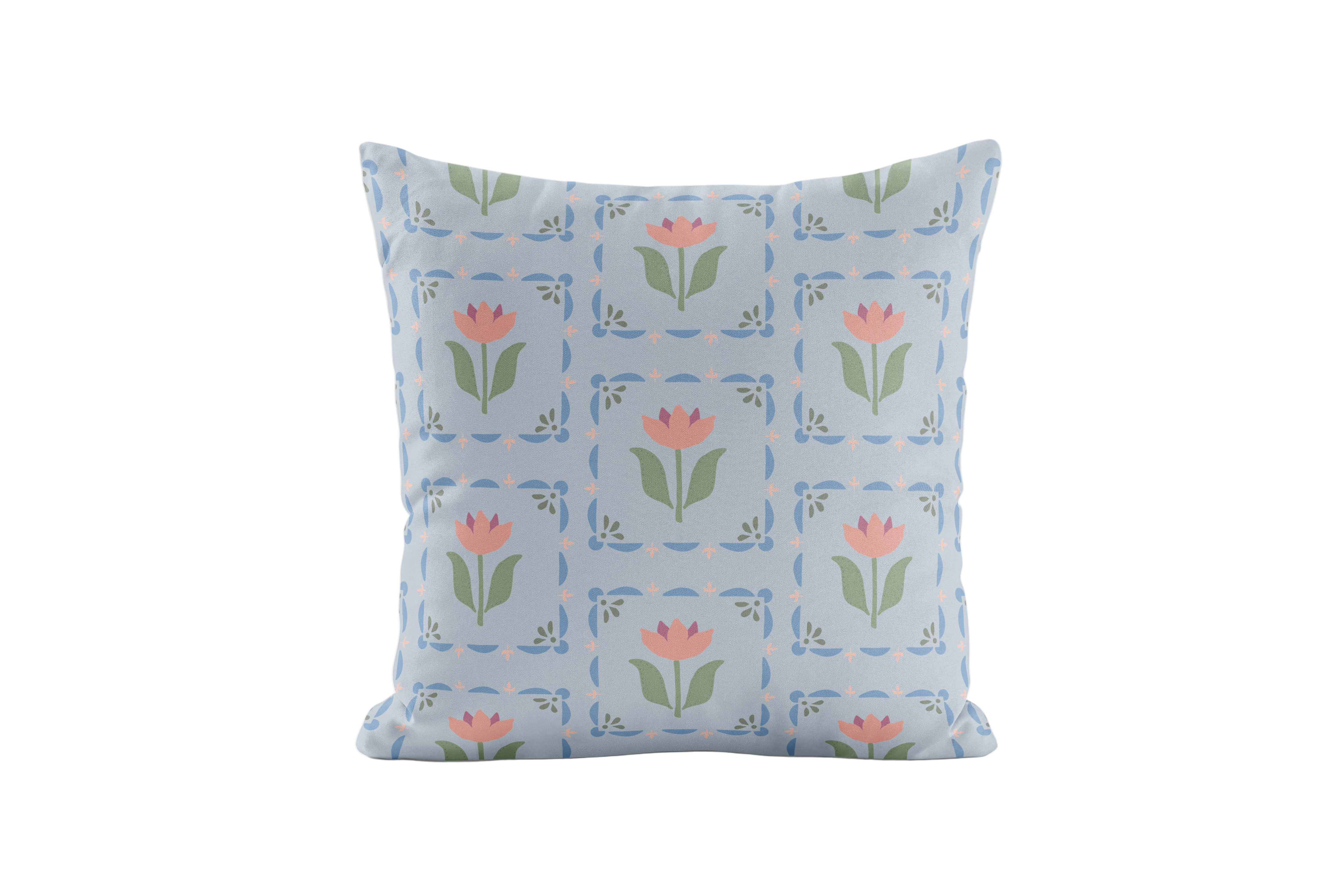 Decorative pillow with periwinkle and green floral pattern