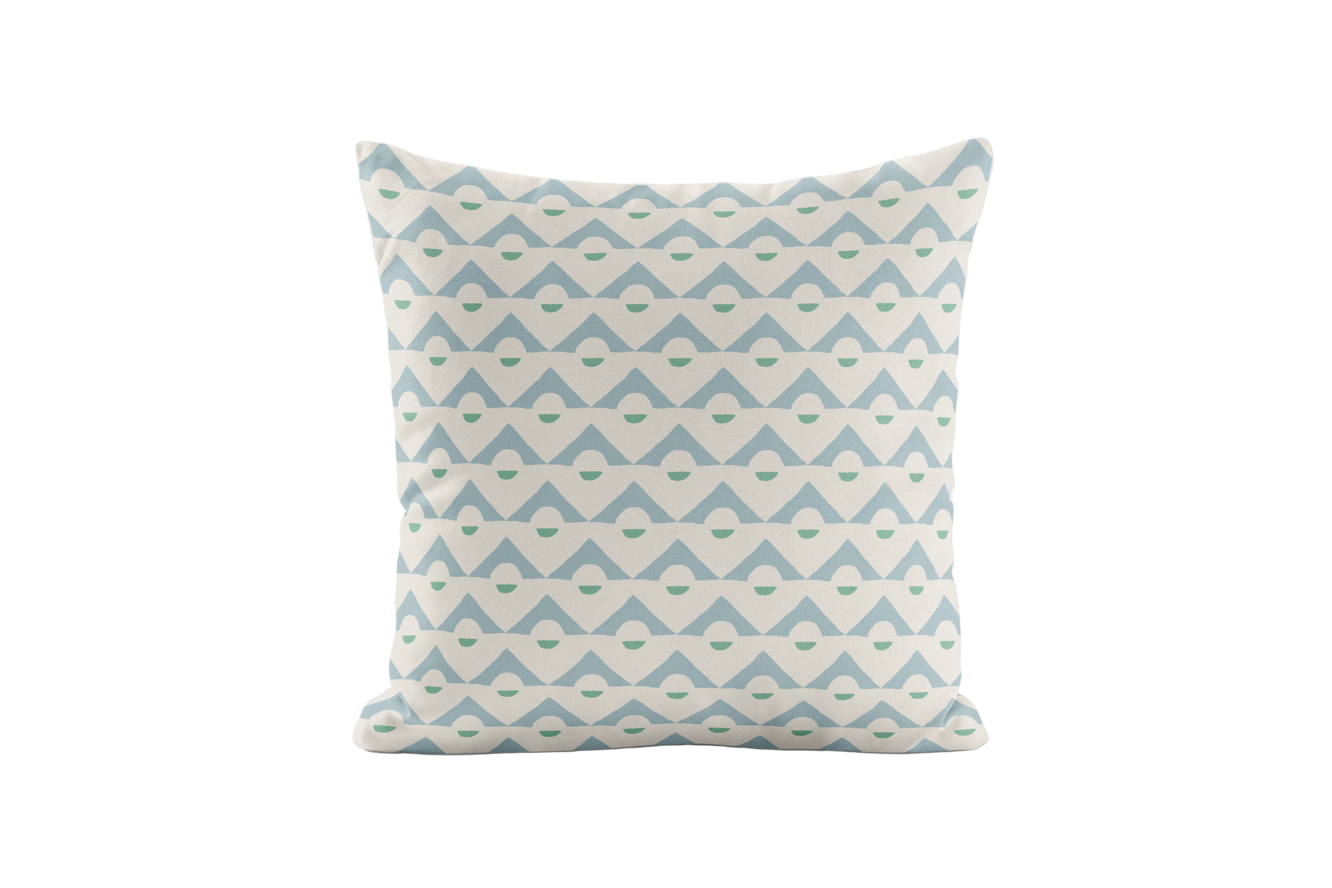 Decorative pillow with blue and green geometric pattern on a white background