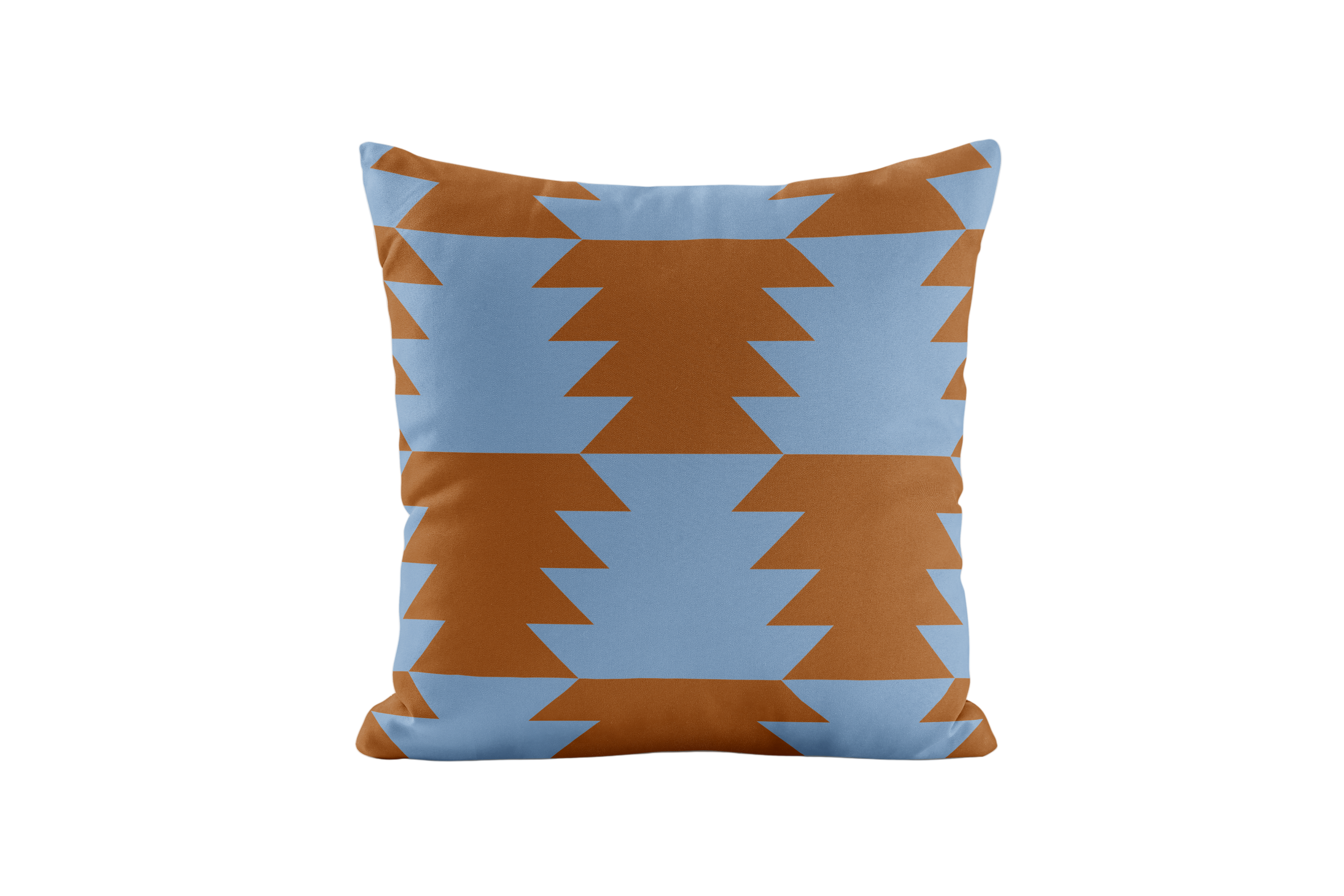 Geometric patterned pillow in periwinkle and brown