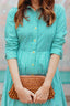 Long Sleeve Placket Front Shirtdress-Green Stripe