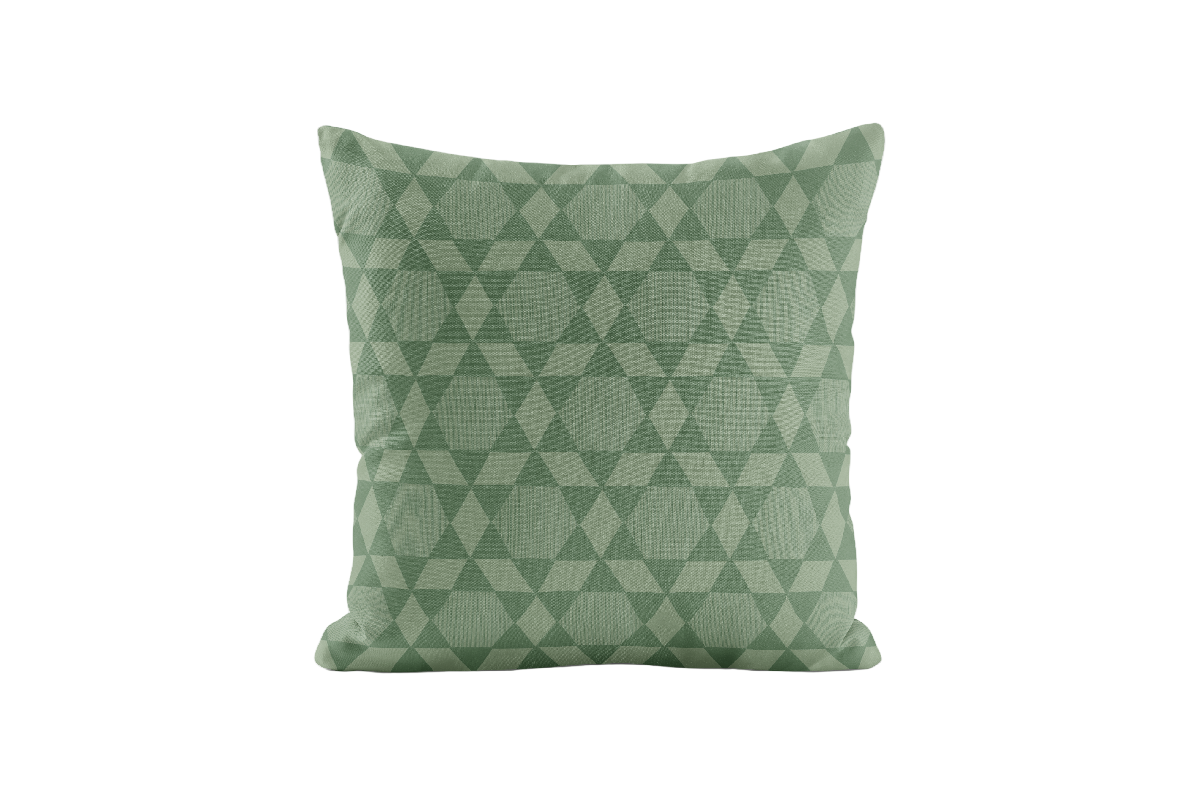 Green pillow with geometric pattern on a white background