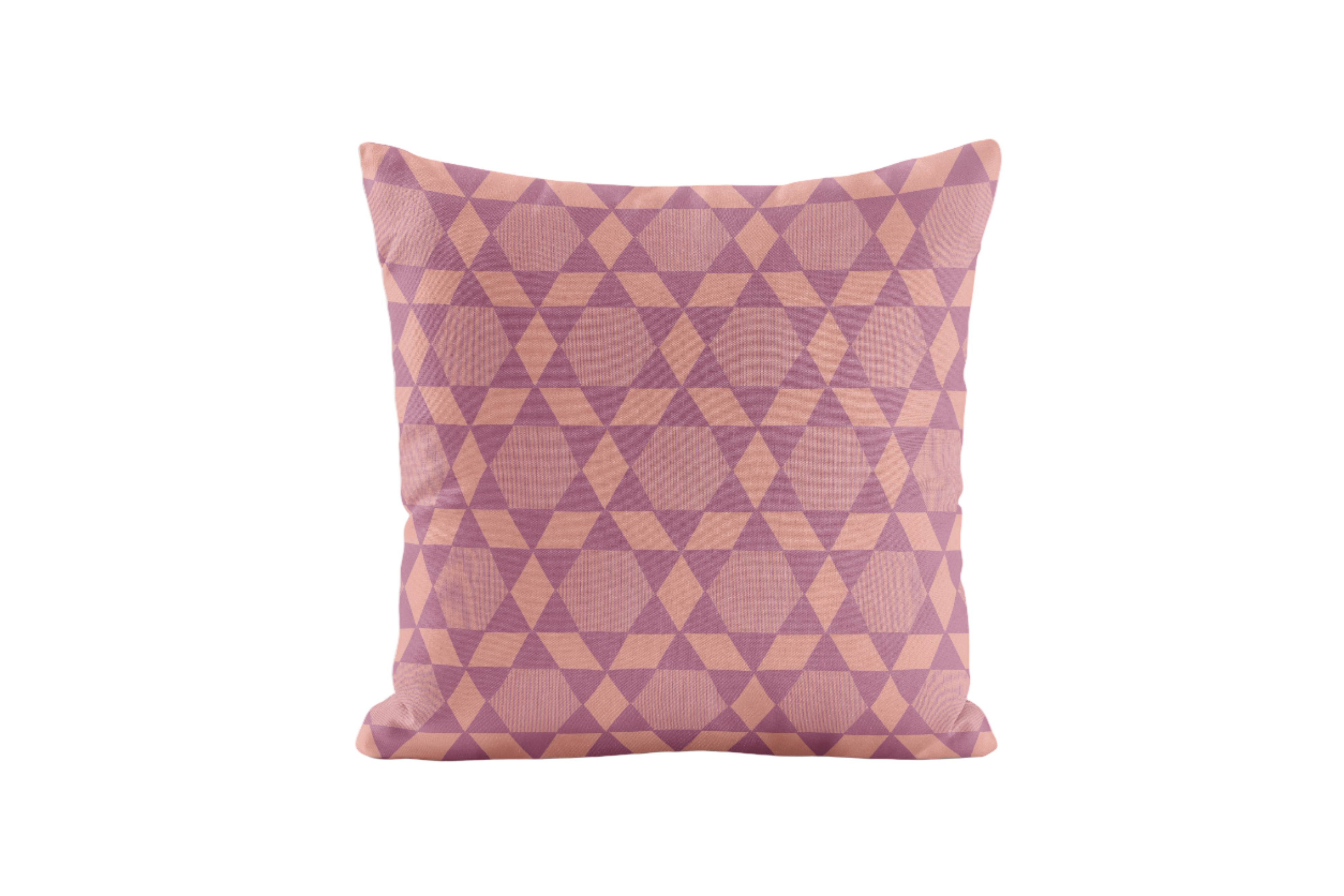Decorative pillow with pink geometric pattern on a white background