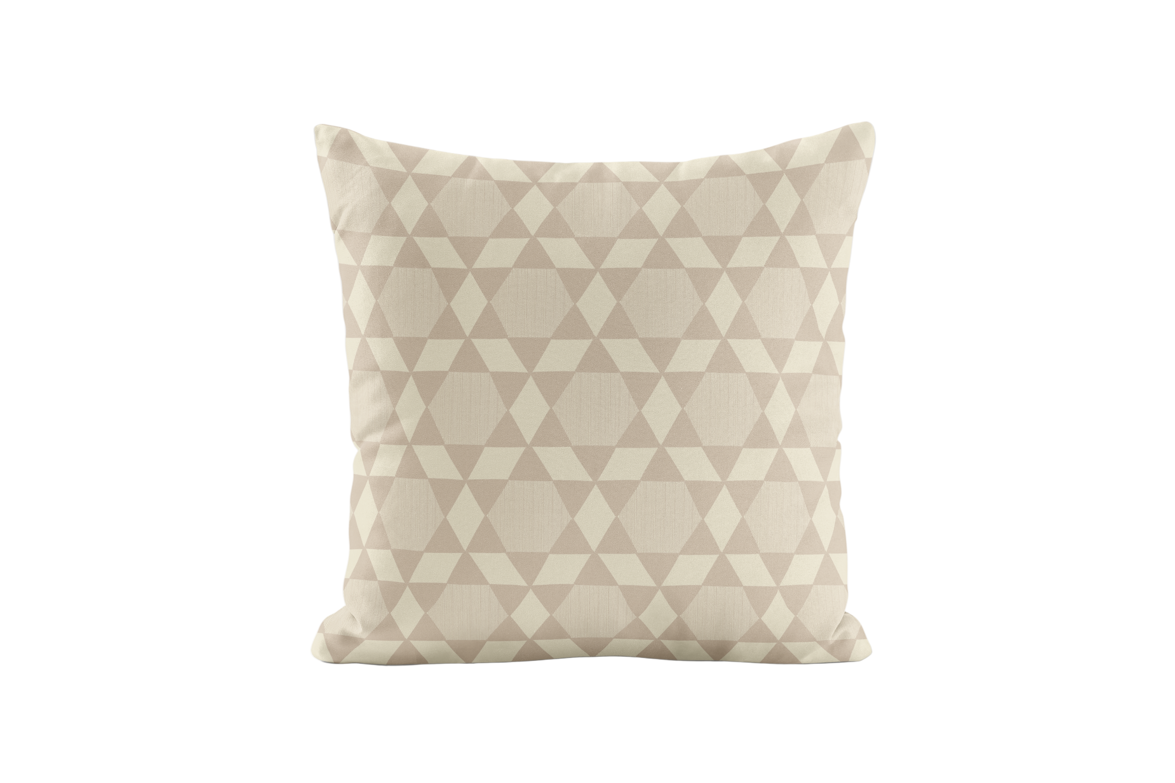 Decorative pillow with taupe and ivory geometric pattern on a white background
