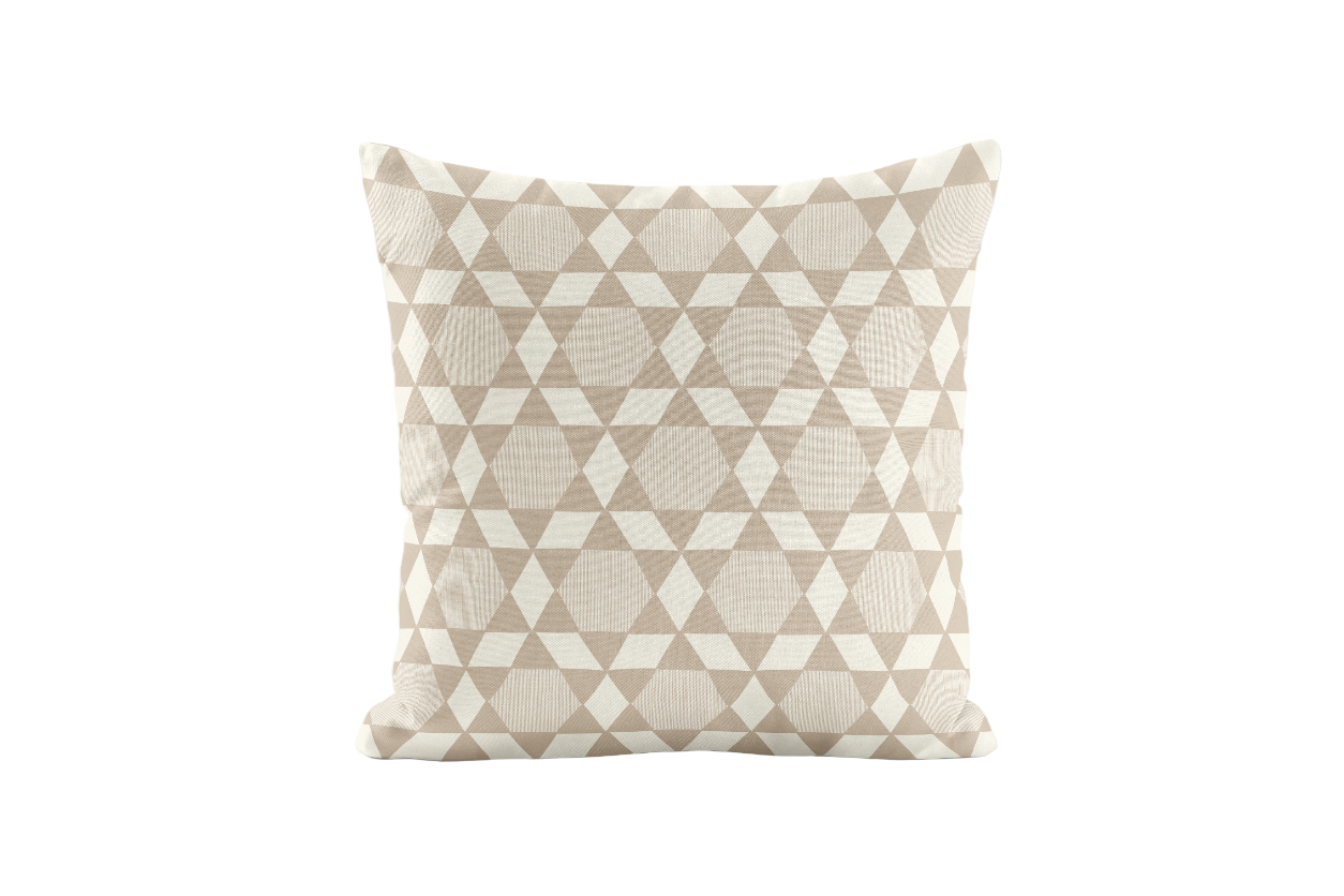 Decorative pillow with taupe geometric pattern on a white background