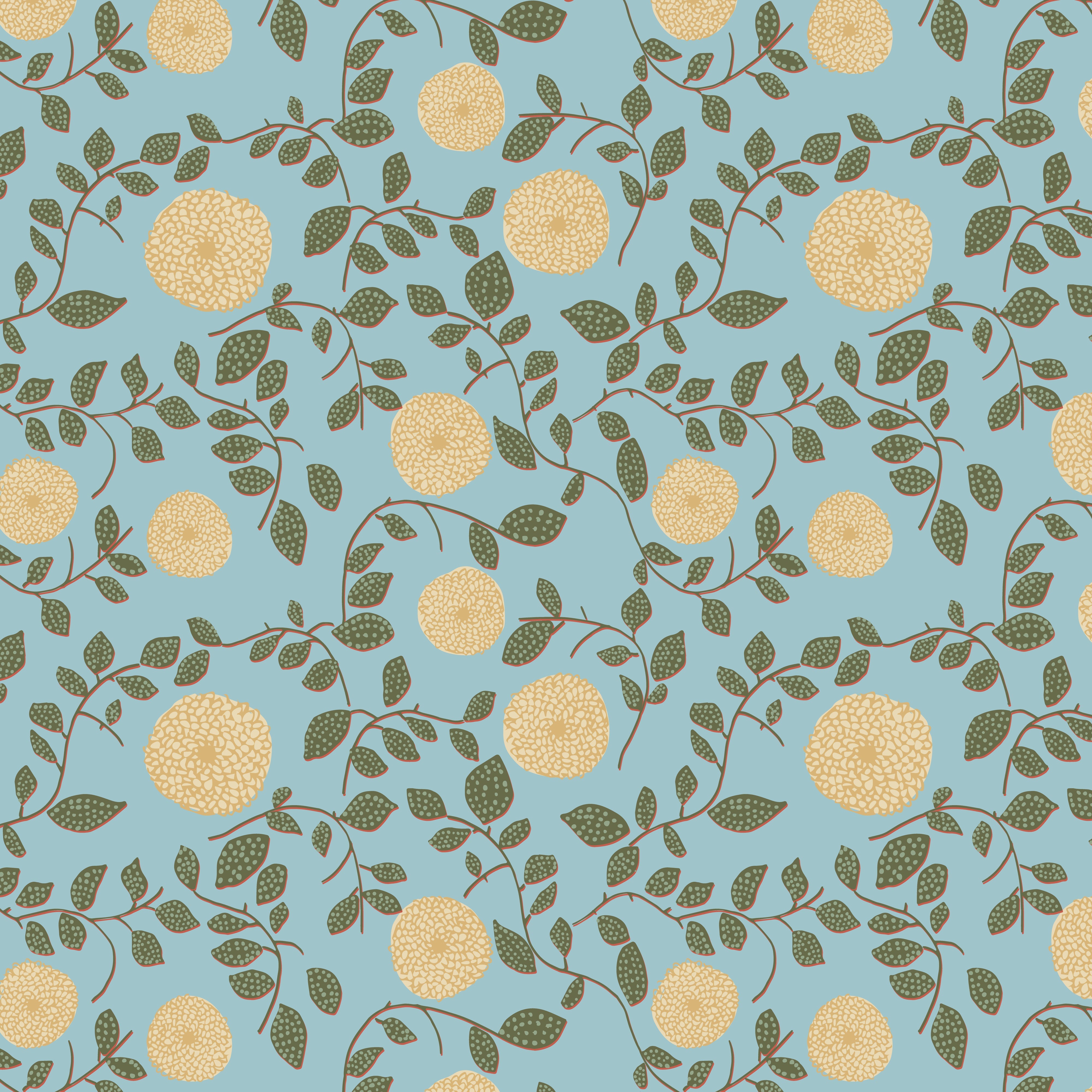 A roll of wallpaper with a blue and yellow floral pattern.