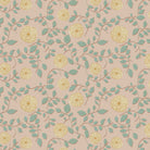 A roll of wallpaper with a floral pattern featuring peach and mustard colored flowers on a beige background.