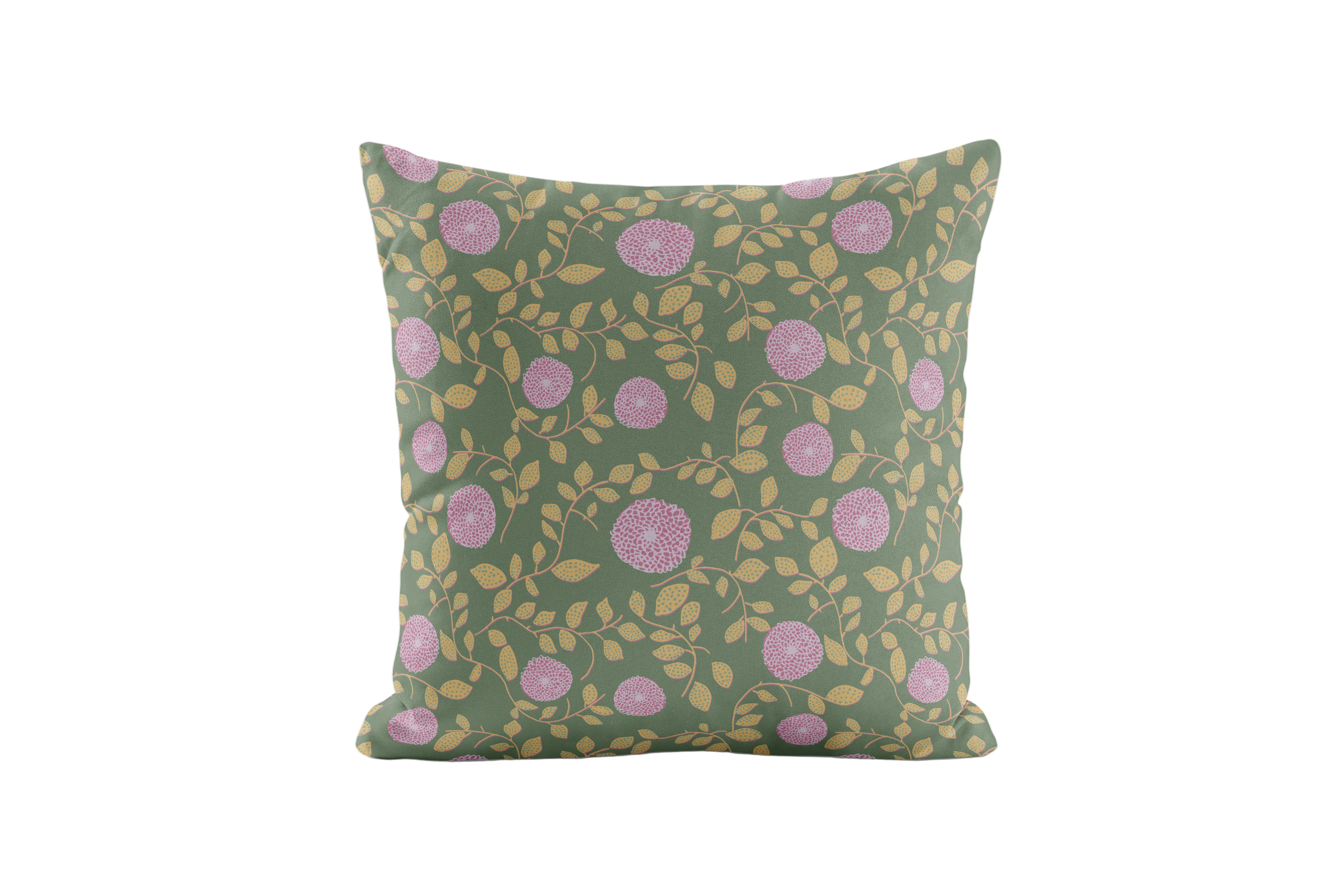 Decorative pillow with lavender floral pattern on a green background