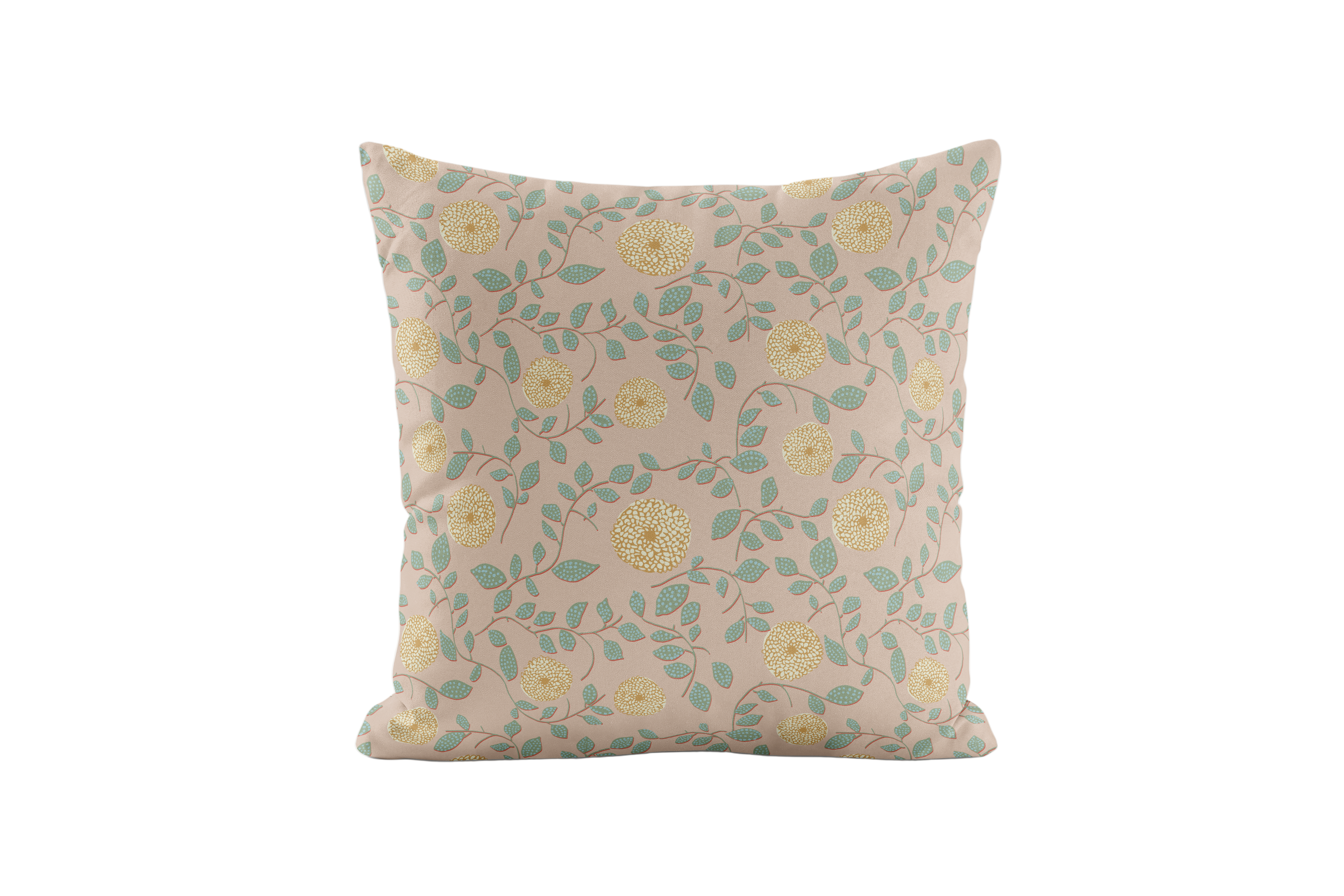 Decorative pillow with floral pattern on a light pink background